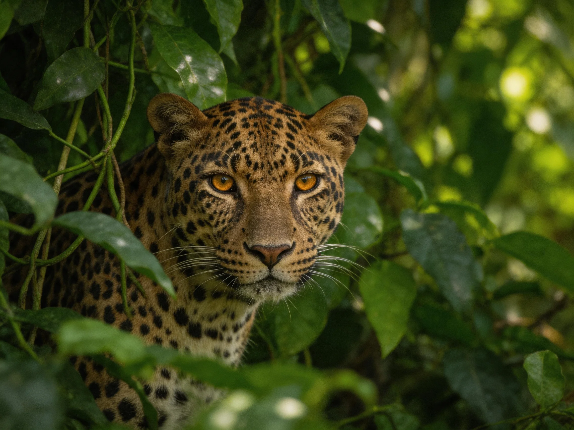A leopard with golden eyes hides among dense green foliage