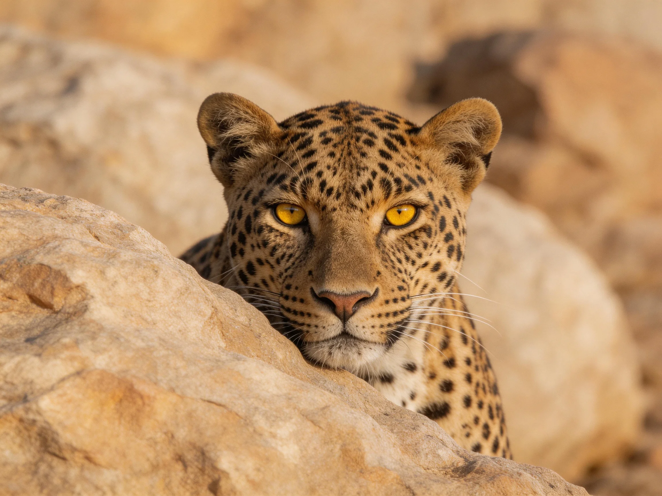 A leopard with golden eyes rests near large rocks
