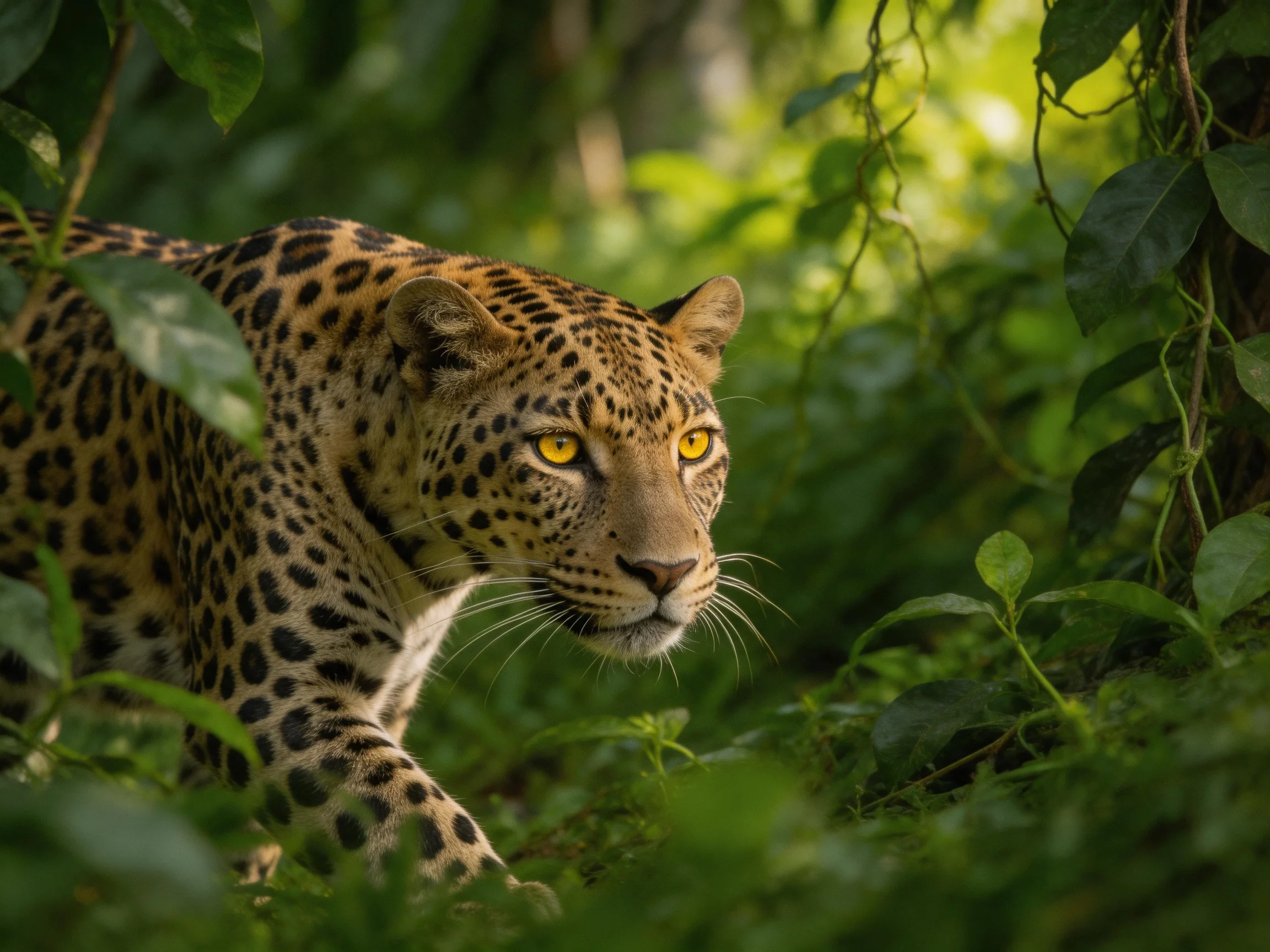 A leopard with golden eyes moves through dense green jungle foliage