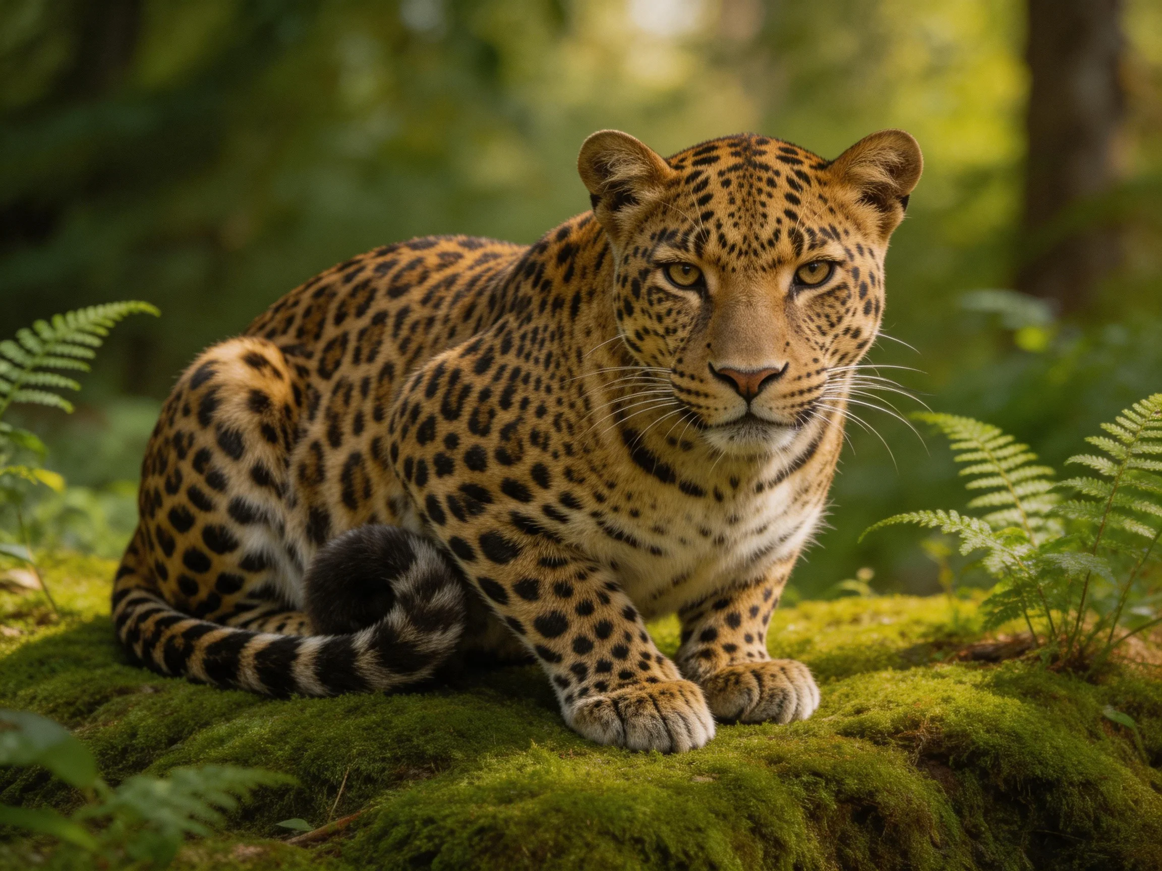 A leopard rests calmly on a mossy rock surrounded by ferns in a forest.