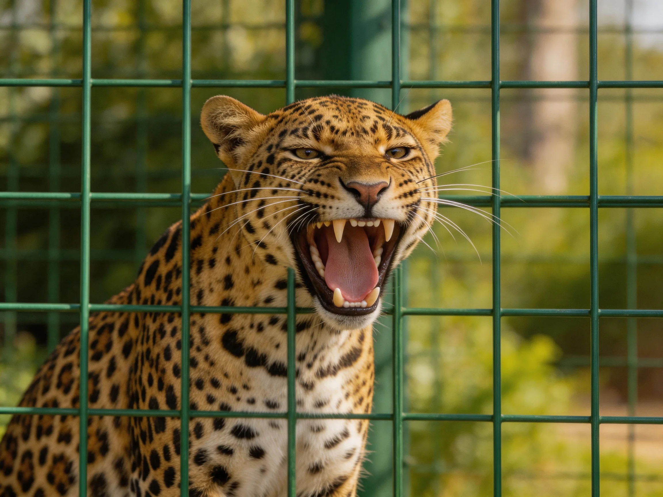 A leopard with spotted fur stands behind a green metal grid enclosure.