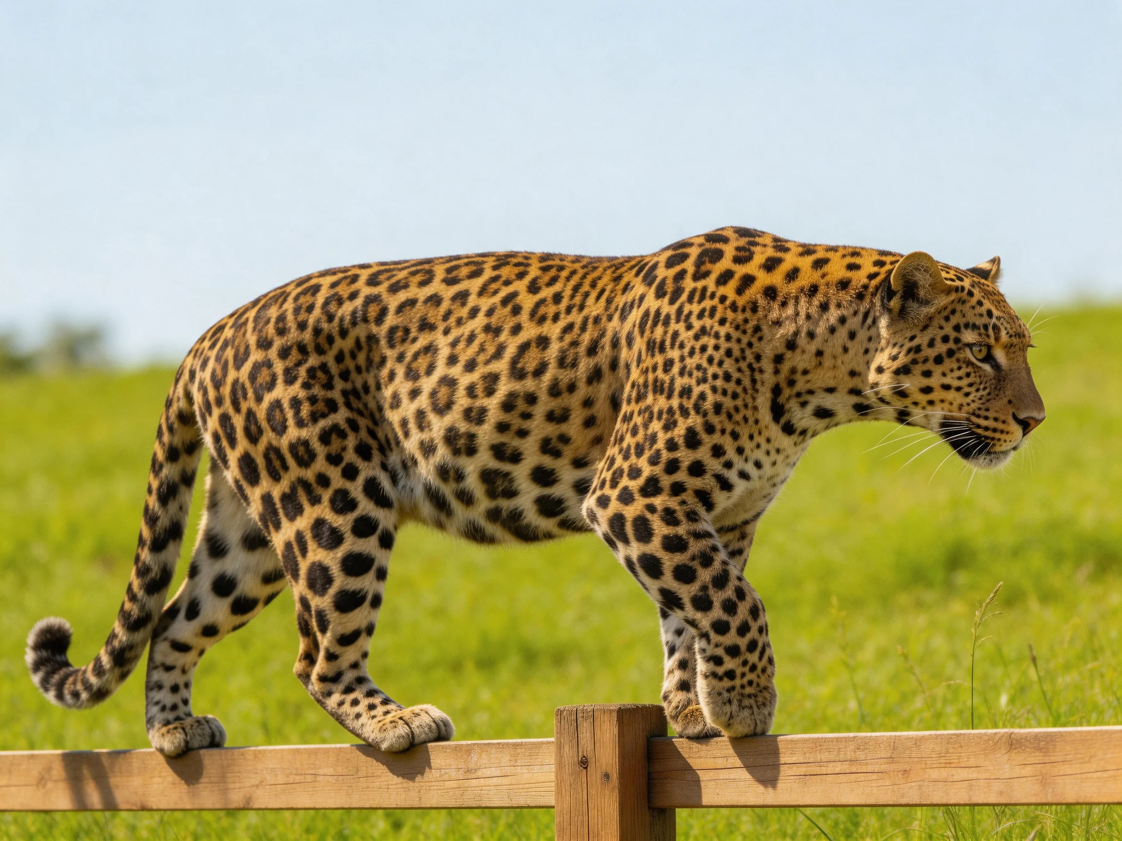 A leopard walks along a wooden fence in a green meadow.