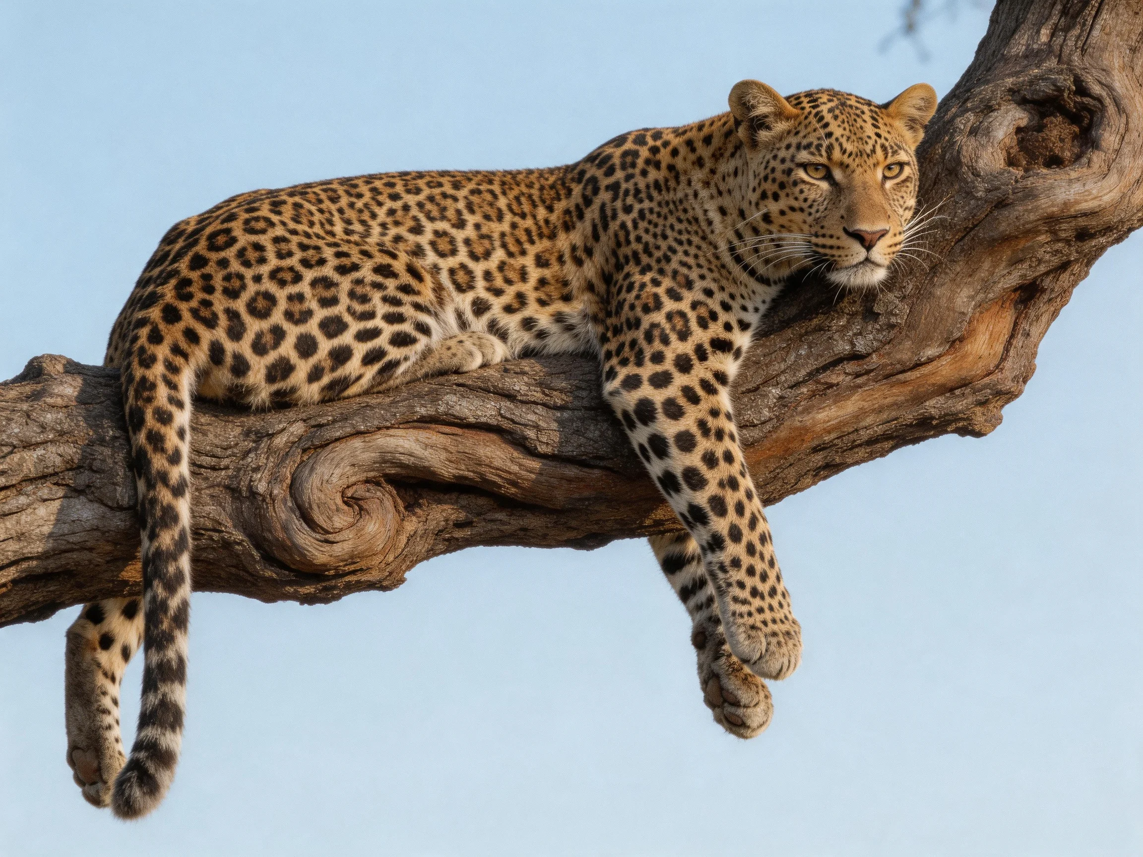 A leopard with golden-spotted coat rests on a gnarled tree branch.
