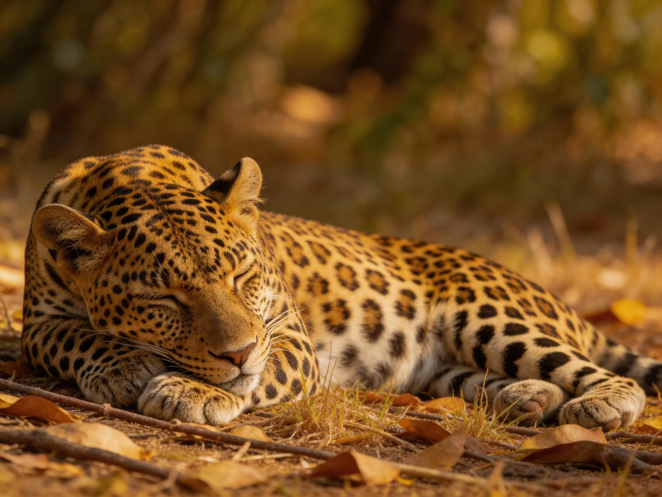 A leopard with closed eyes rests on dry ground among scattered leaves