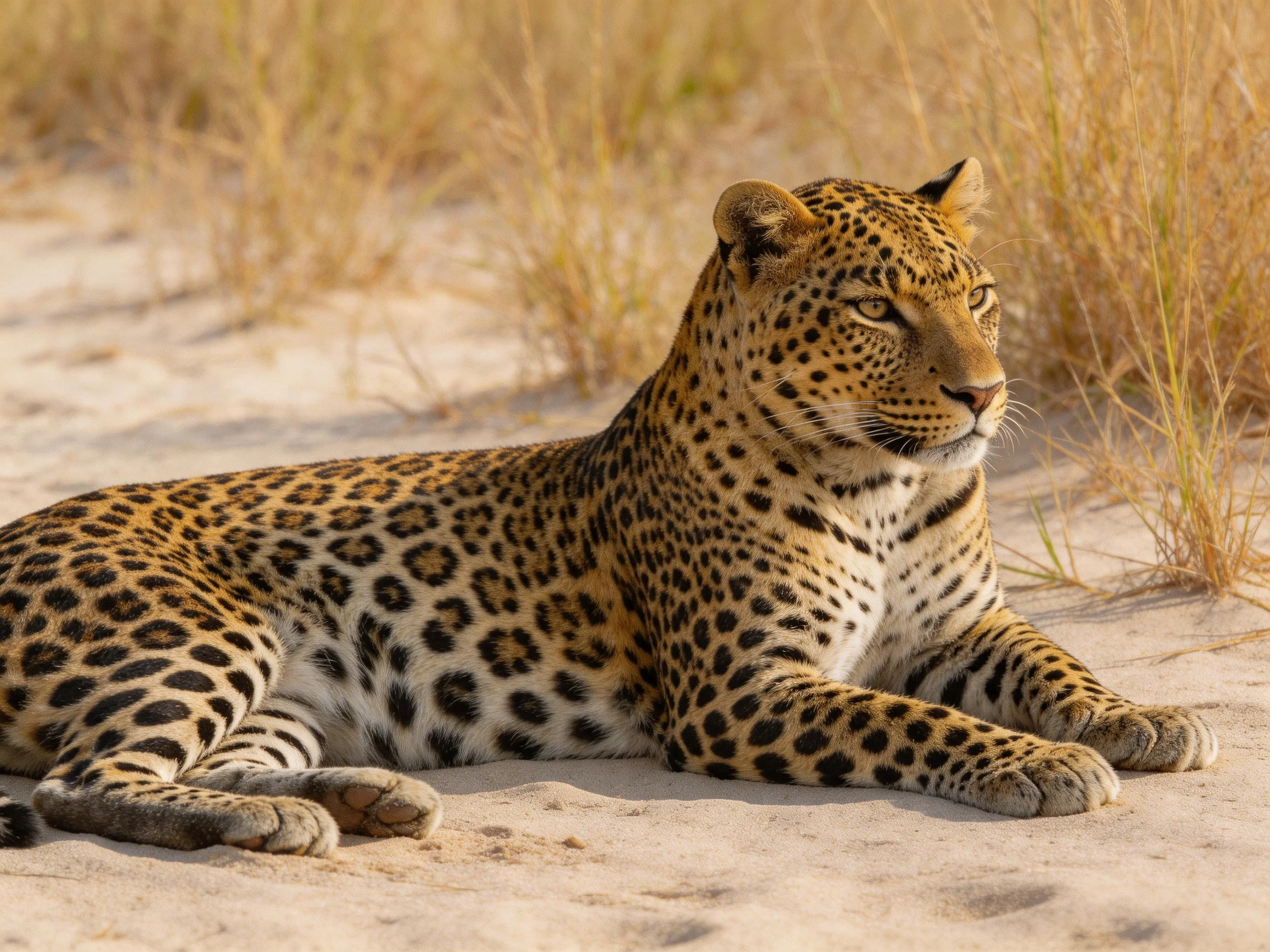 A leopard with a golden-spotted coat rests on sandy ground amid dry grass.