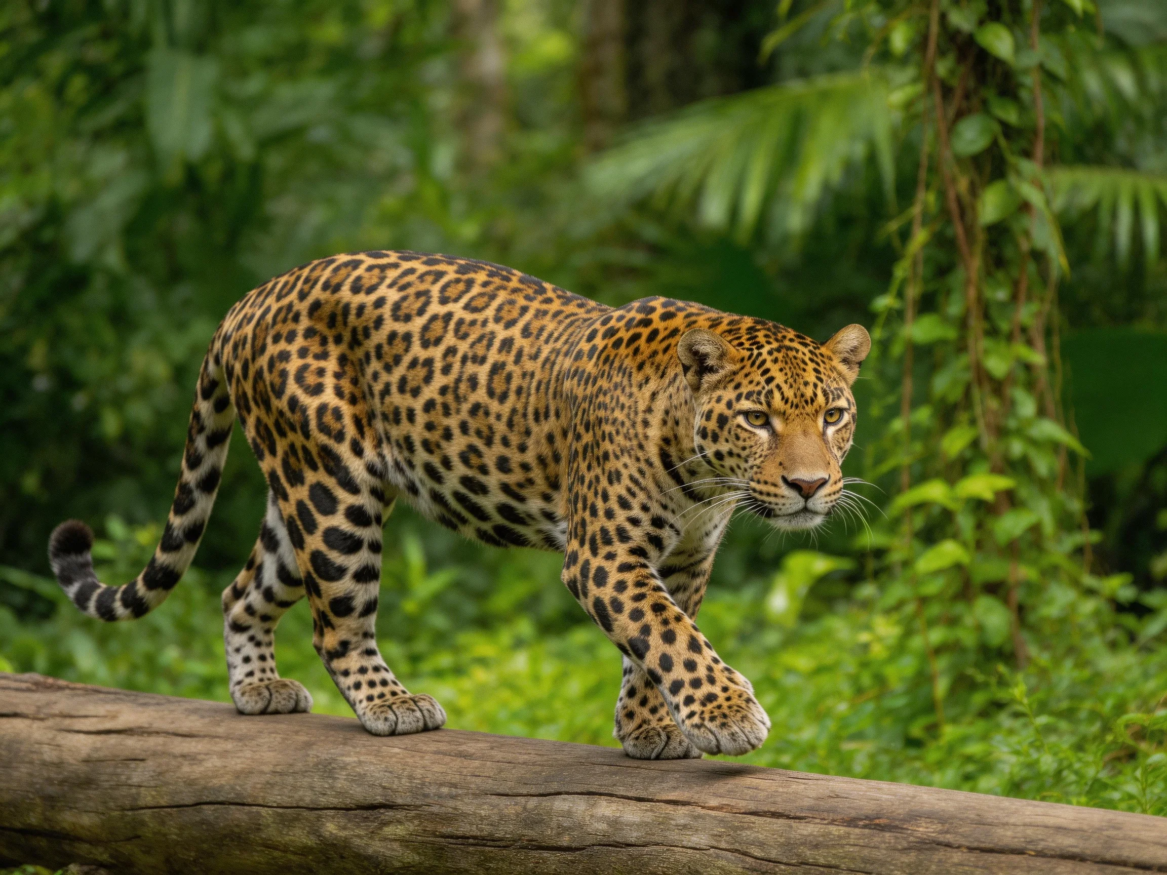 A leopard with spotted fur moves carefully on a log surrounded by dense greenery.