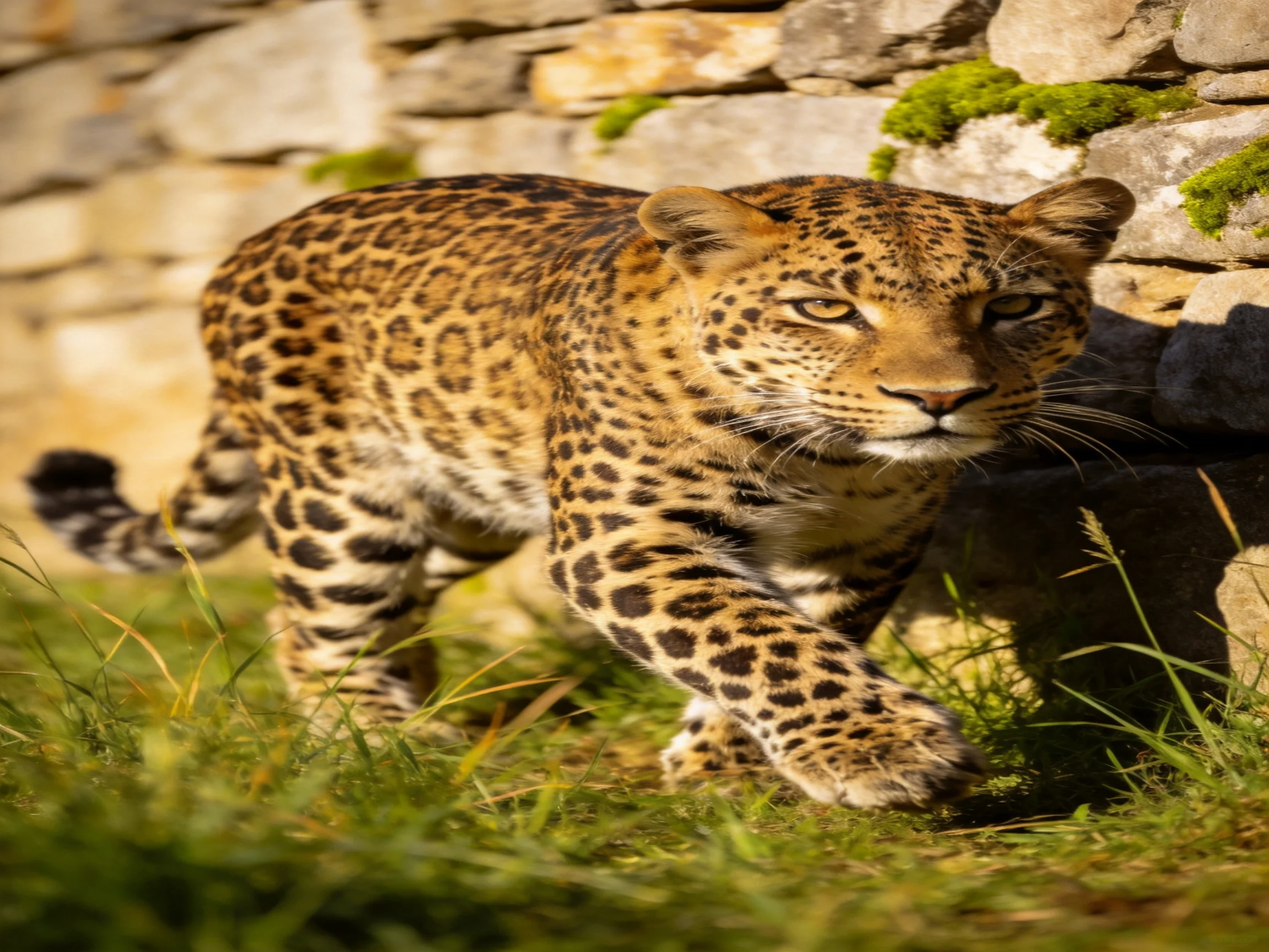 A leopard with golden-spotted fur approachesa stone wall amid grass.