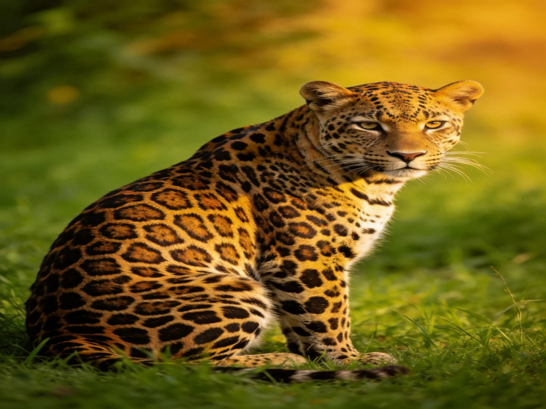 A leopard rests calmly on green grass with distinctive spotted fur