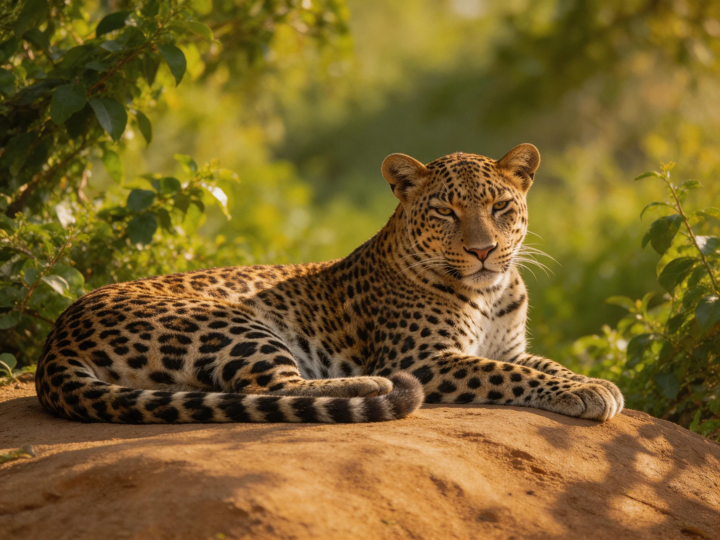 A leopard relaxes on a brown rock surrounded by greenery in bright daylight.