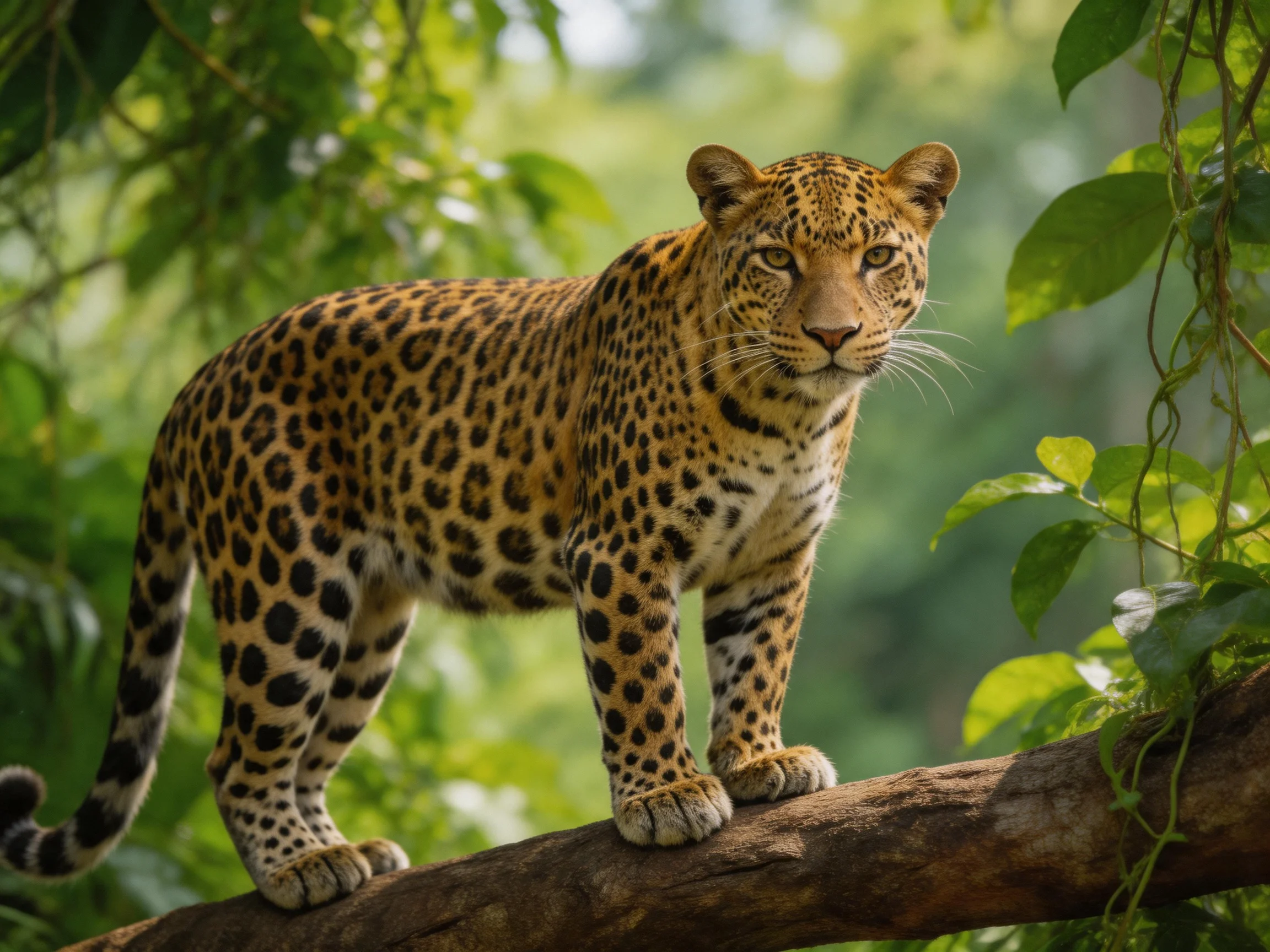 A leopard with distinct spotted fur stands on a tree branch surrounded by lush green vegetation.