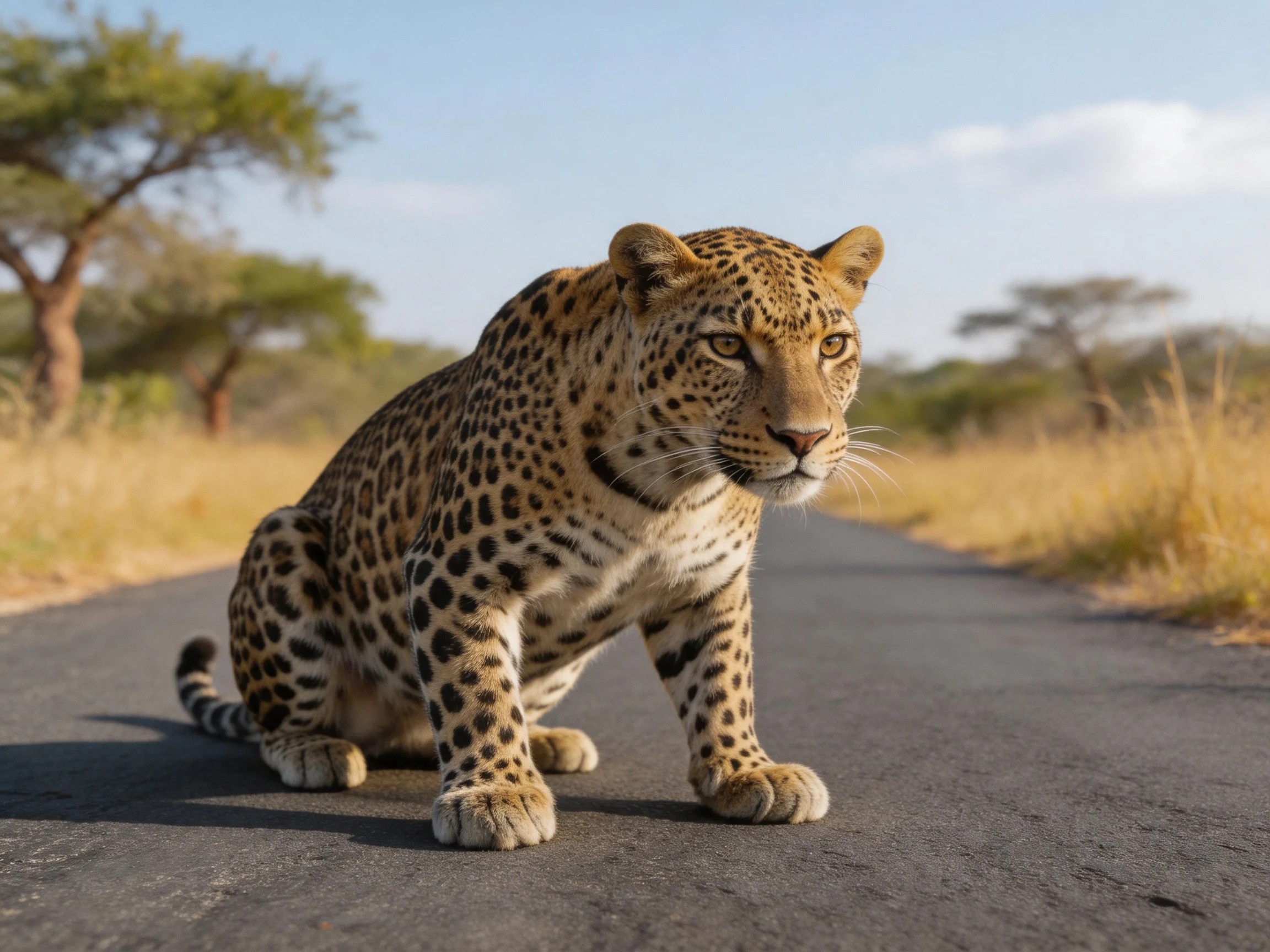 A leopard with rosette spots sits on a paved road in a savannah landscape