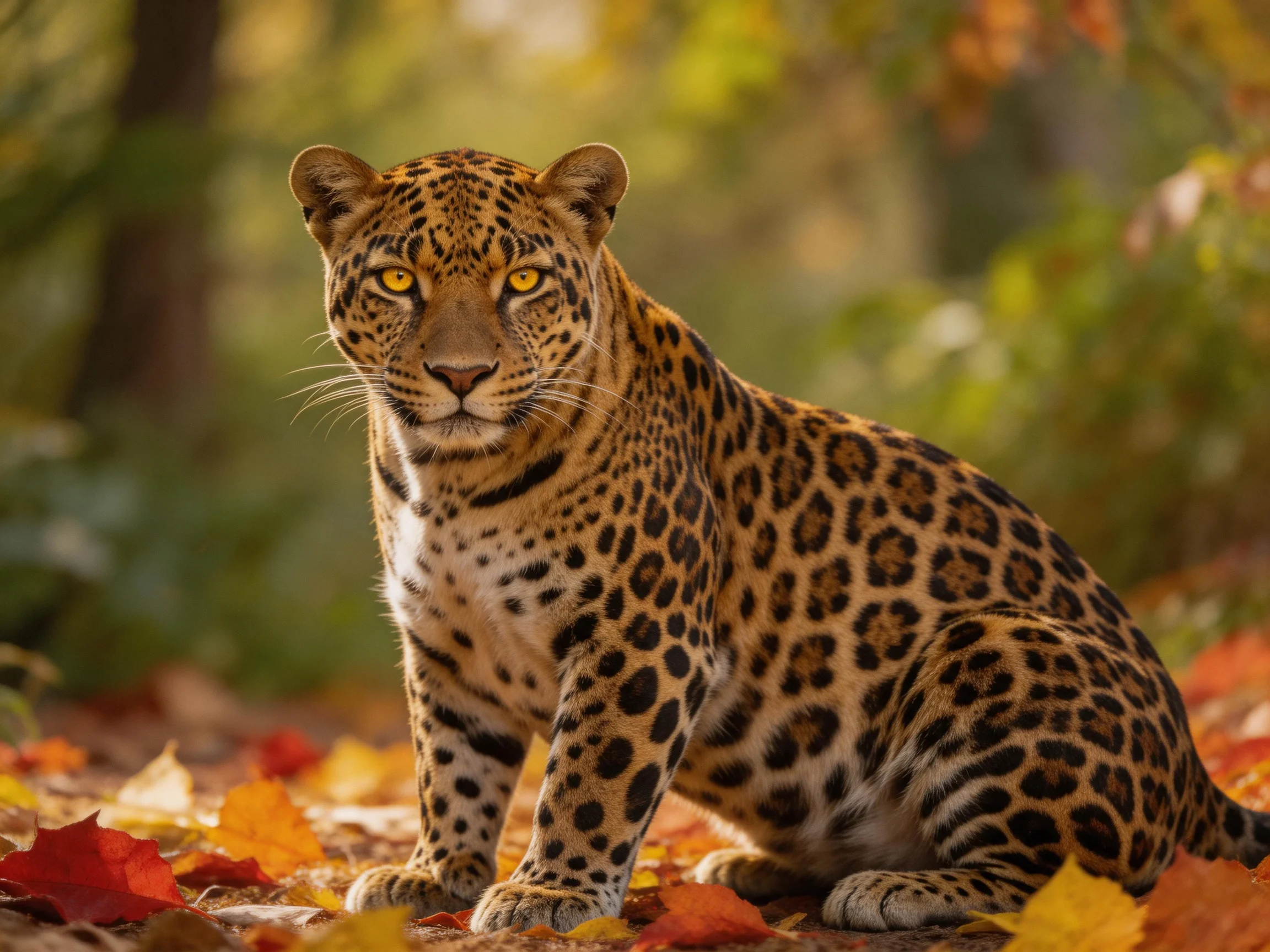 A leopard with rosette-spotted fur rests among fallen autumn leaves in a sunlit forest.