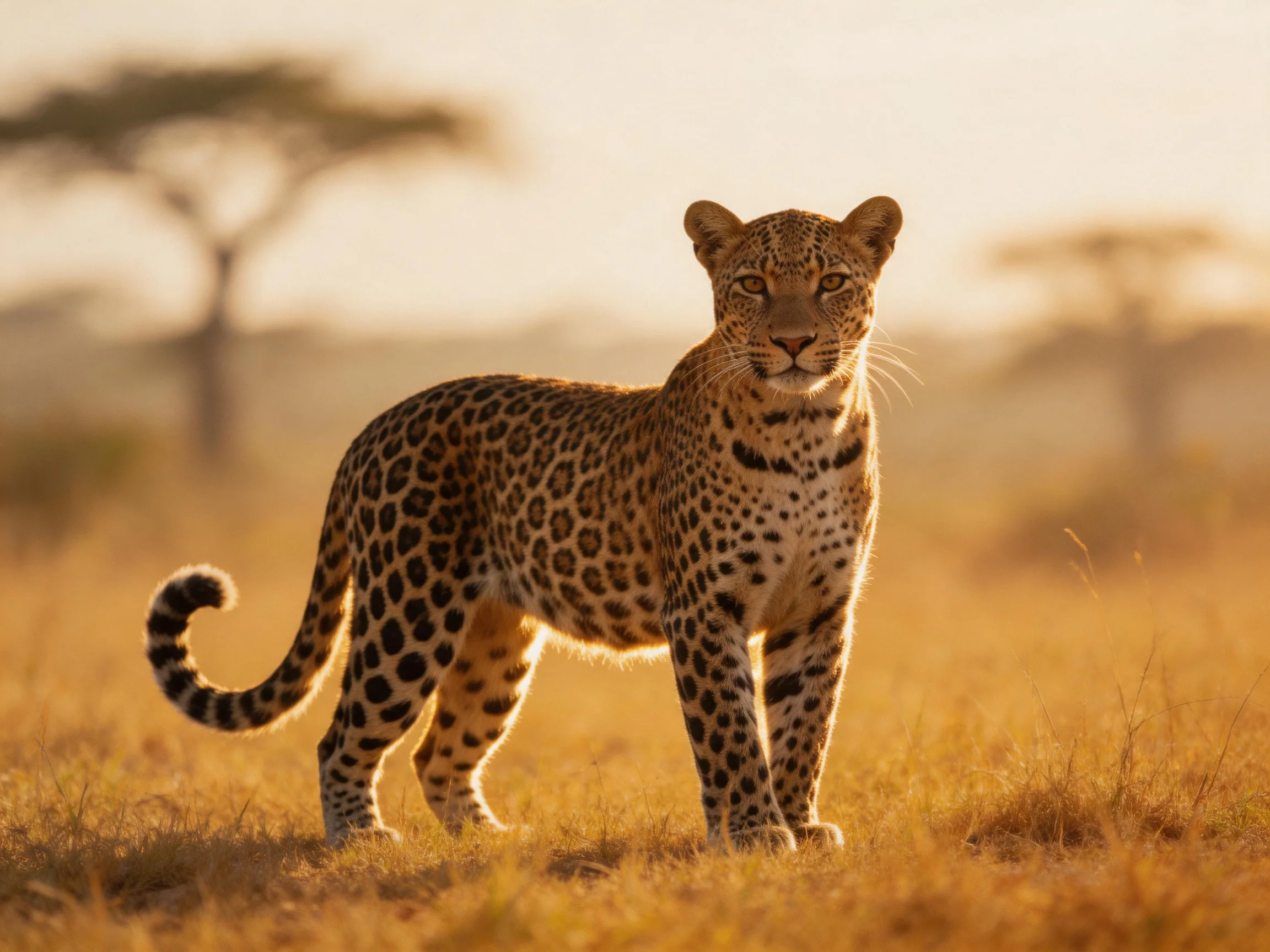 A leopard with spotted coat in golden savannah grassland