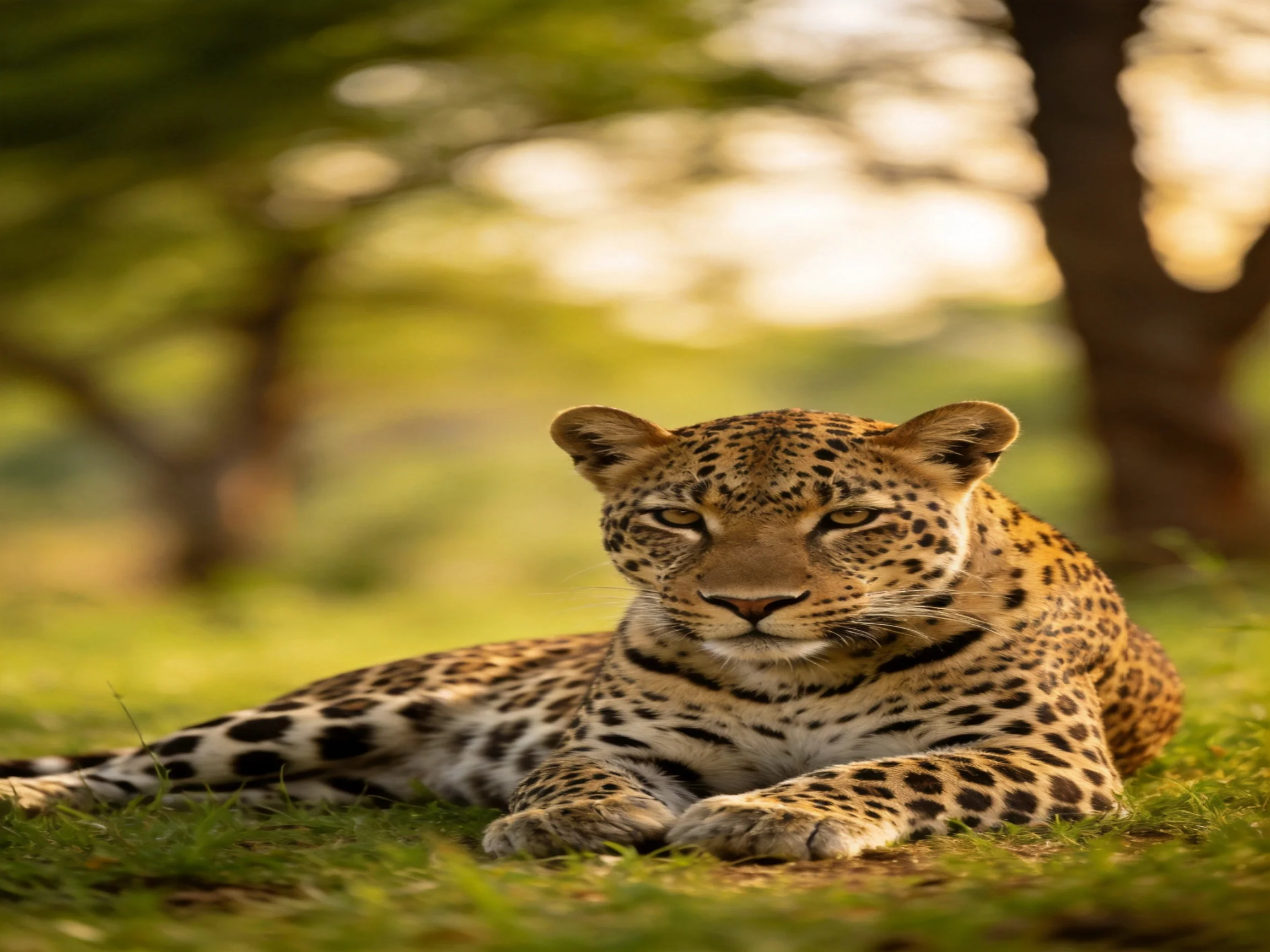 A leopard relaxes on grass near trees in sunlight.