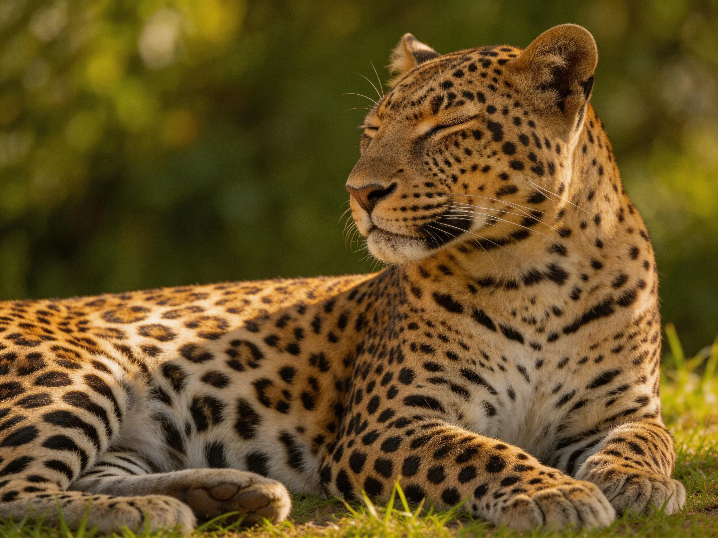 A leopard with spotted coat rests on green grass under warm sunlight