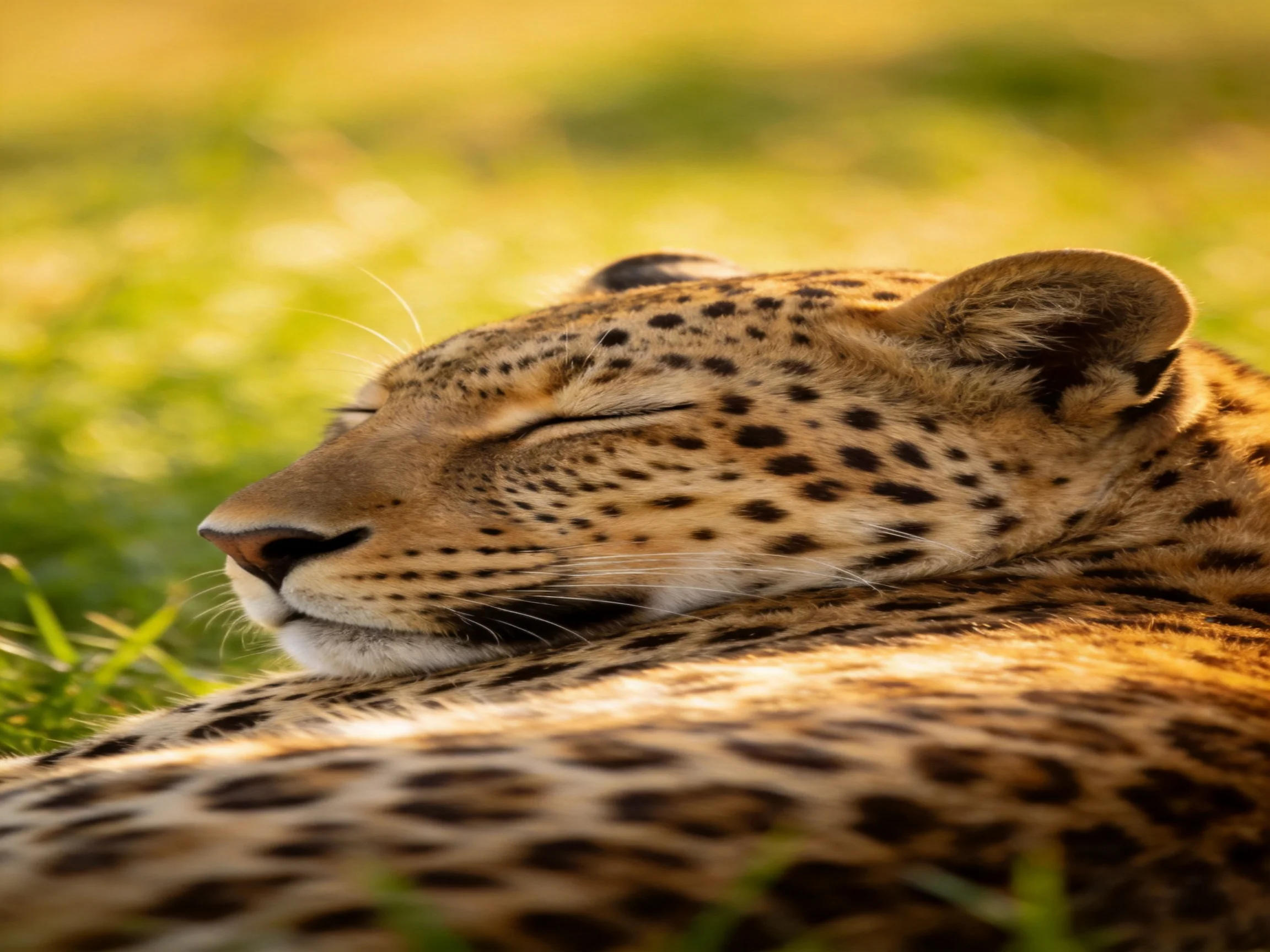 A leopard sleeps on sunlit grass.