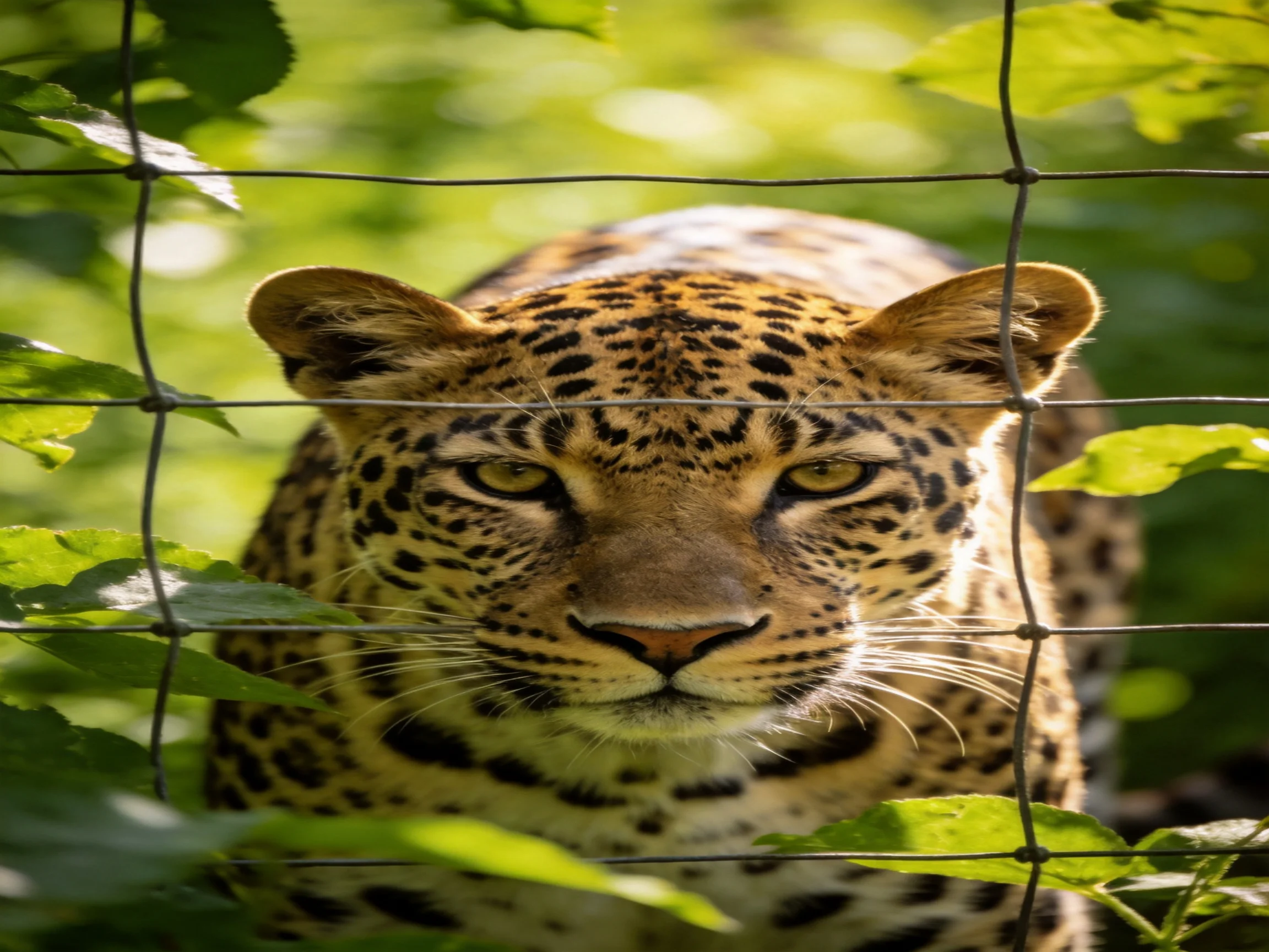 A leopard with spotted fur stands behind a wire fence near greenery.