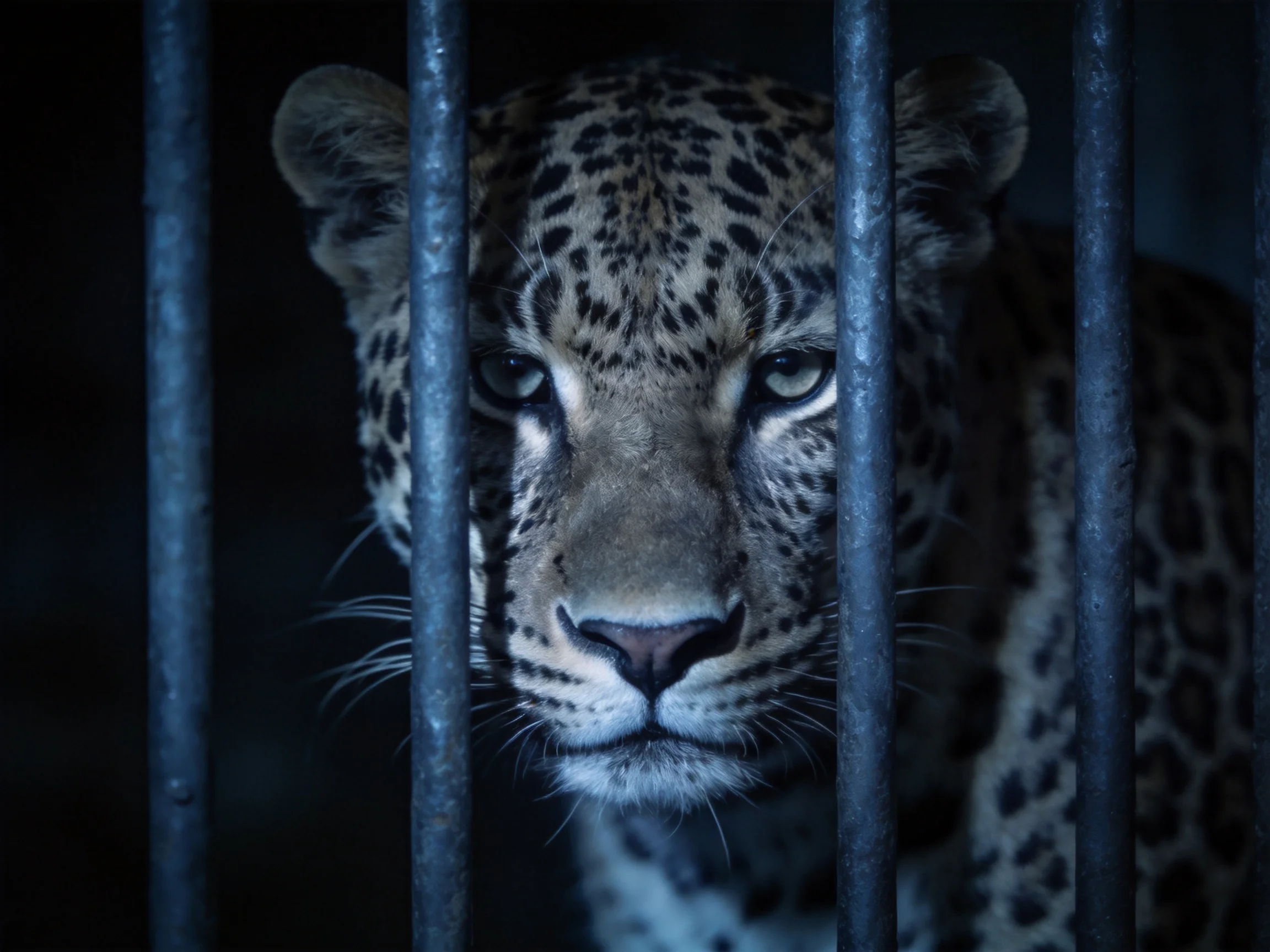 A leopard with spotted fur looks through dark metal bars in a dim environment.