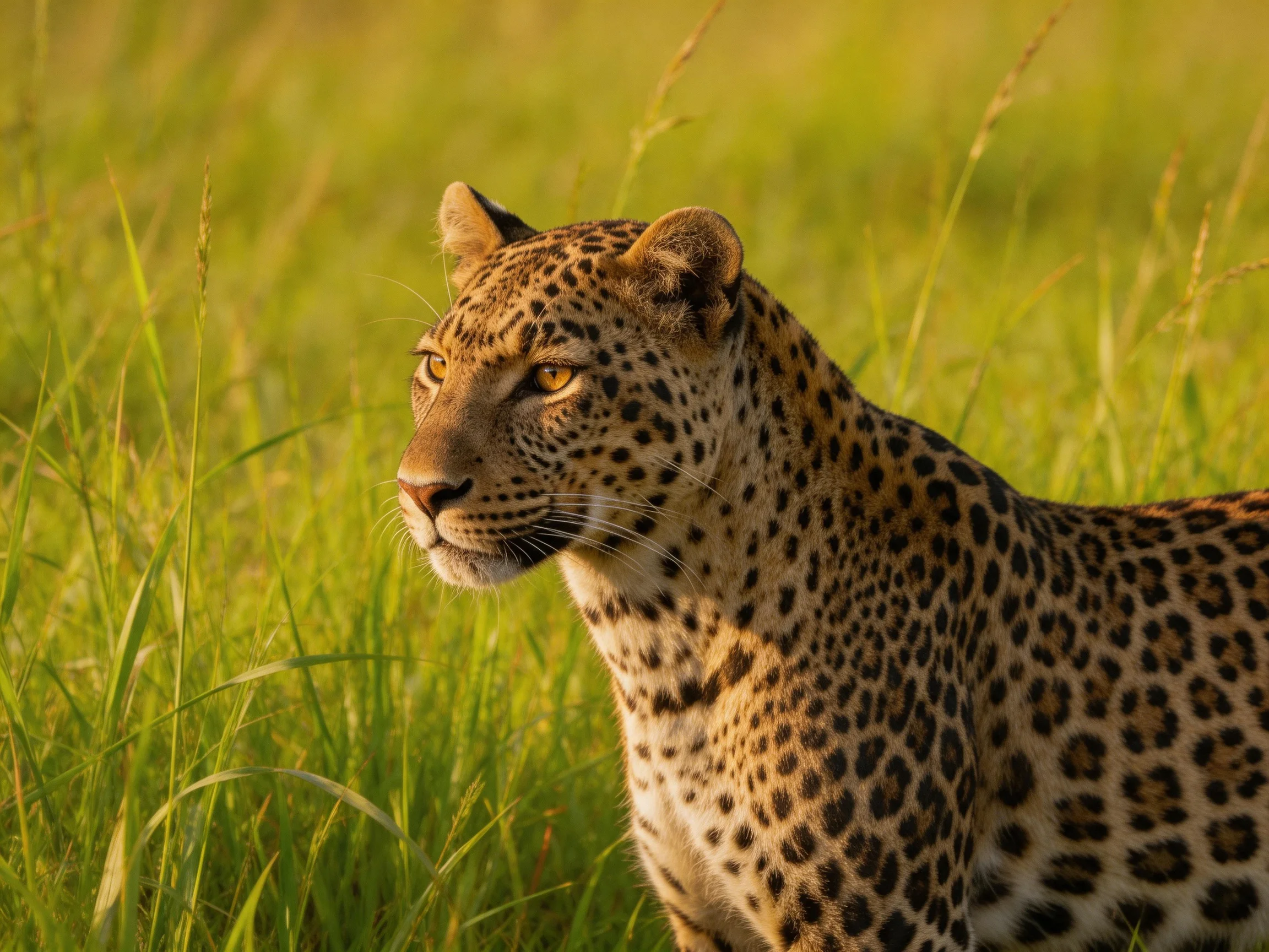 A leopard with spots stands among tall green grass.