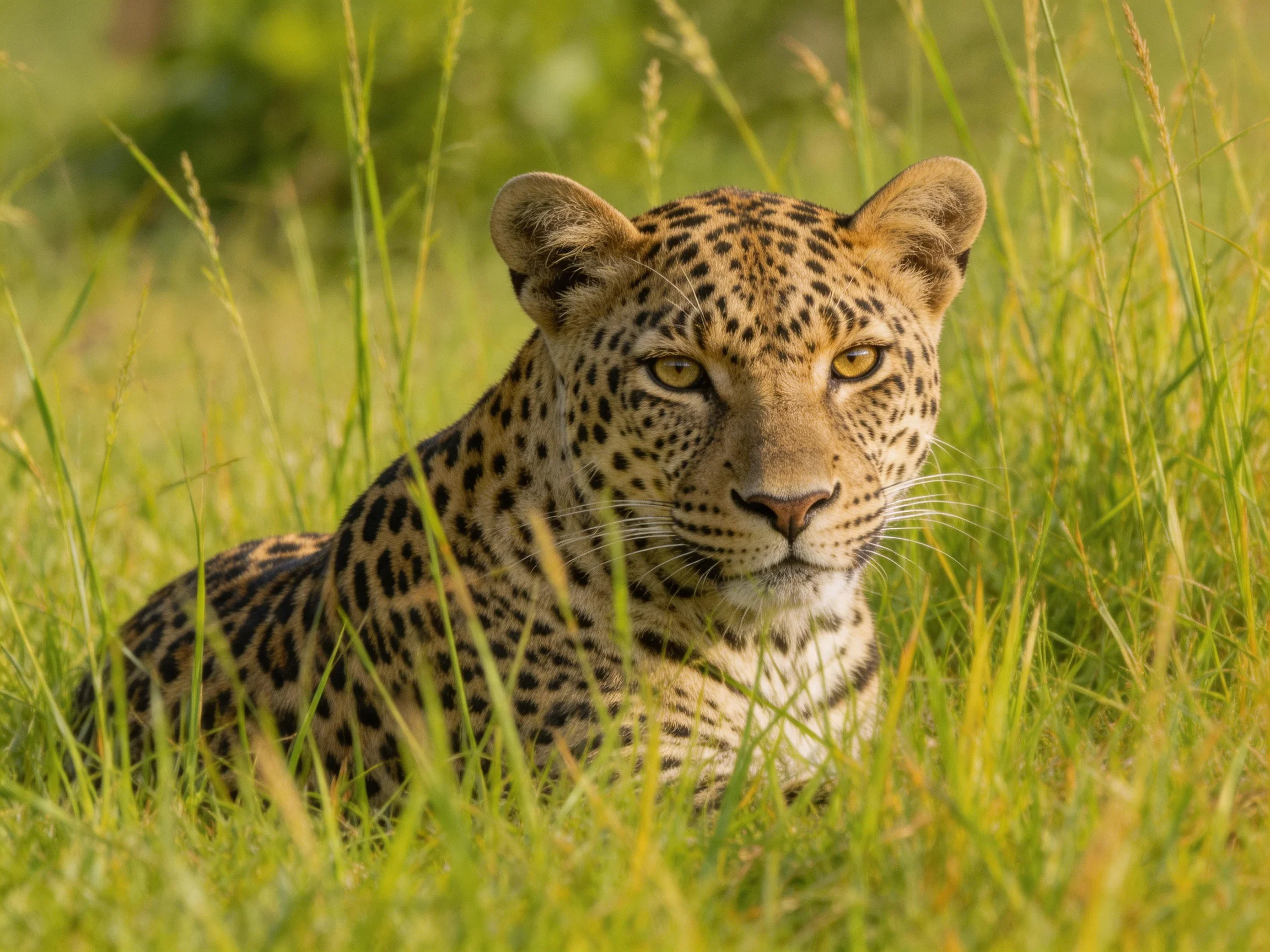 A leopard with spotted fur rests in tall grass under bright sunlight