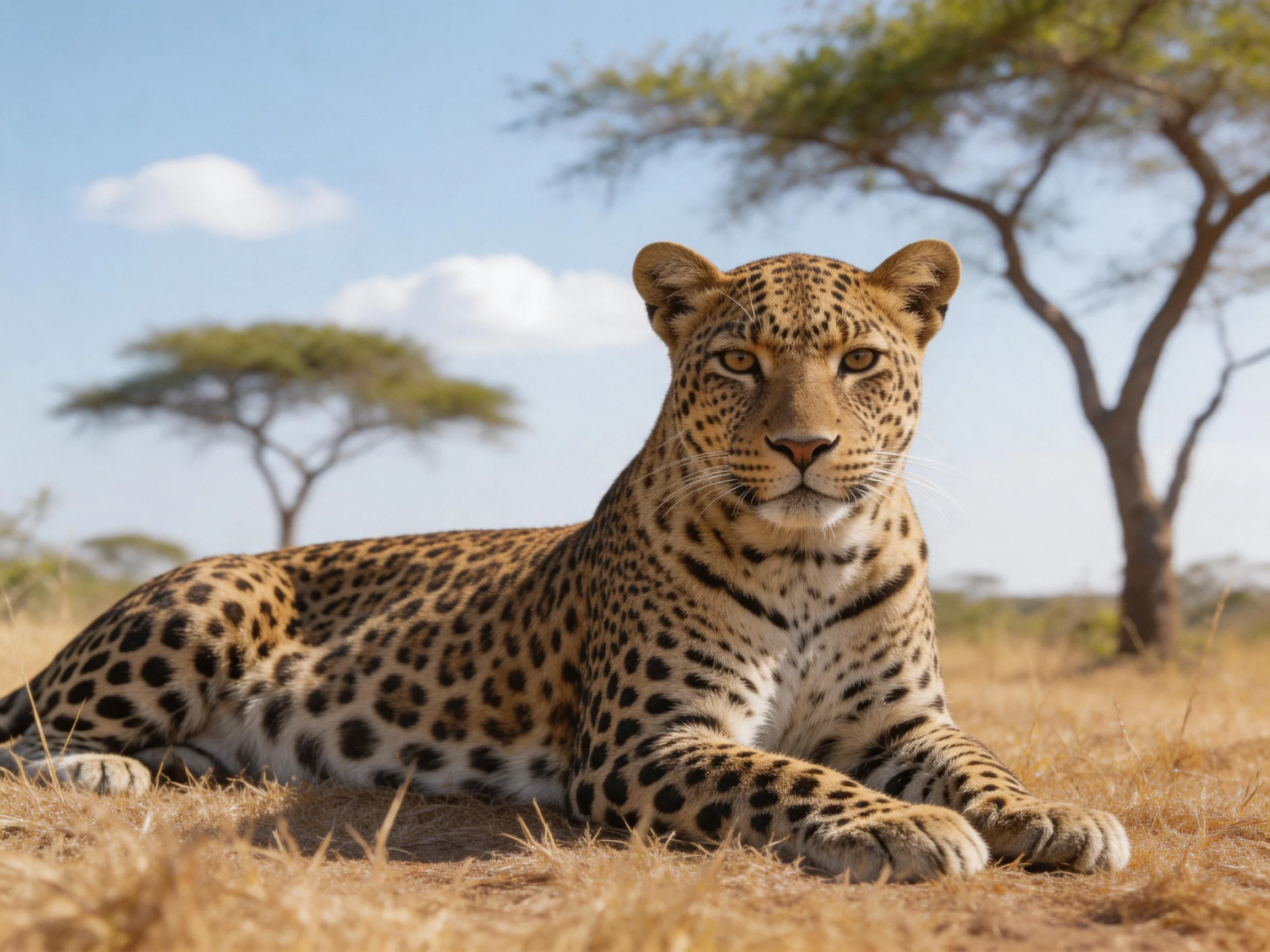 A leopard lies calmly on dry savannah grass amid distant trees.