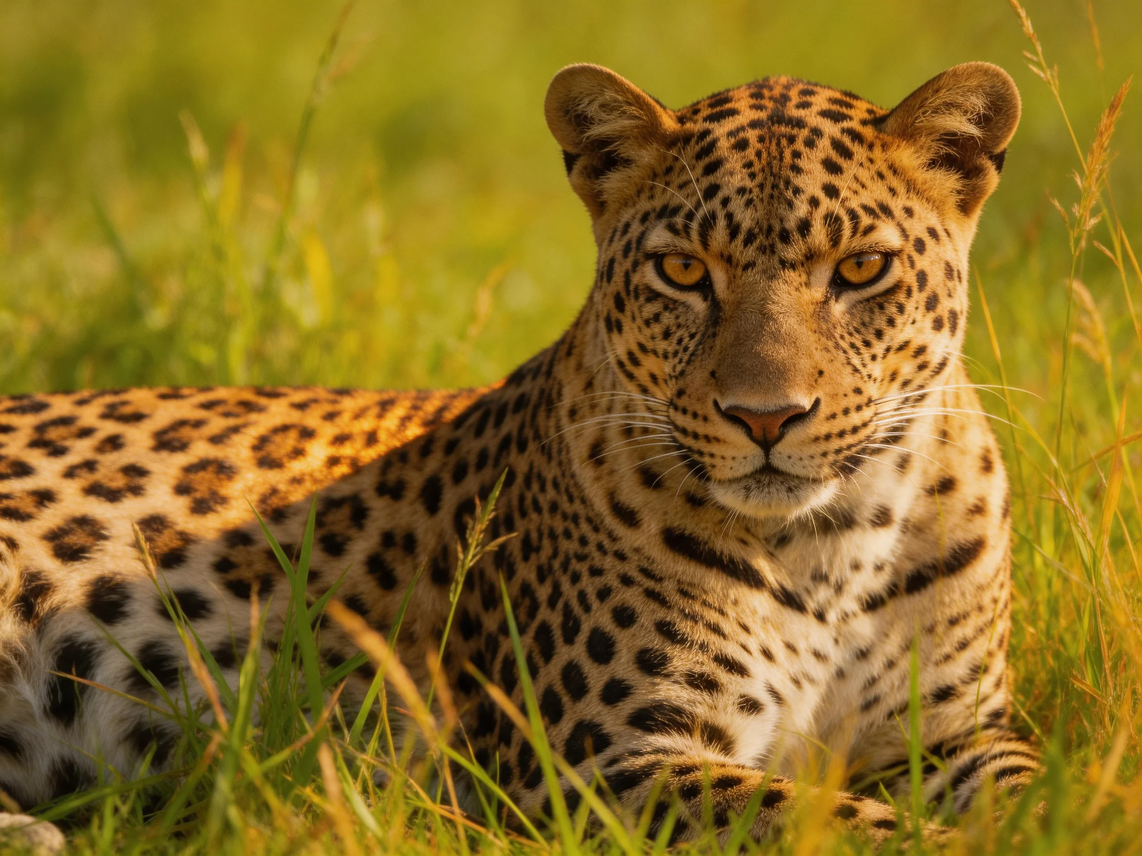 A leopard with spotted fur relaxes in a grassy area.