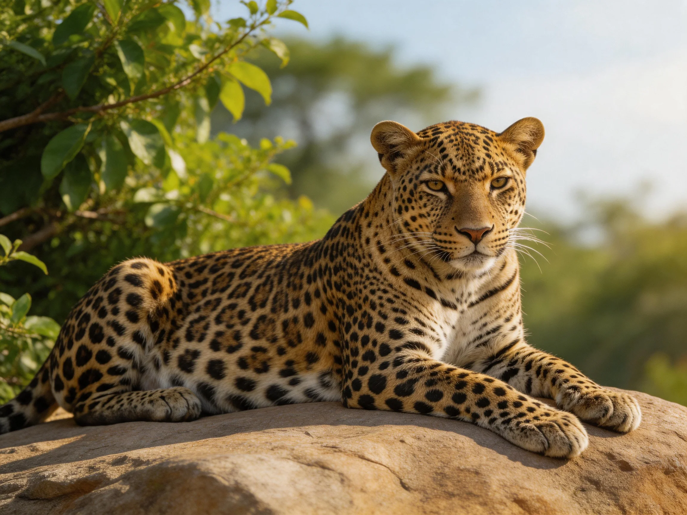 A leopard relaxes on a rock in a verdant natural setting.