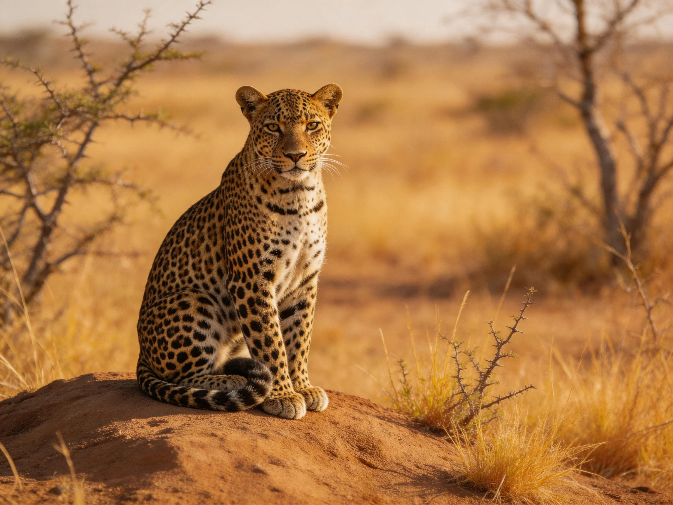 A leopard sits on a mound in a golden savannah.