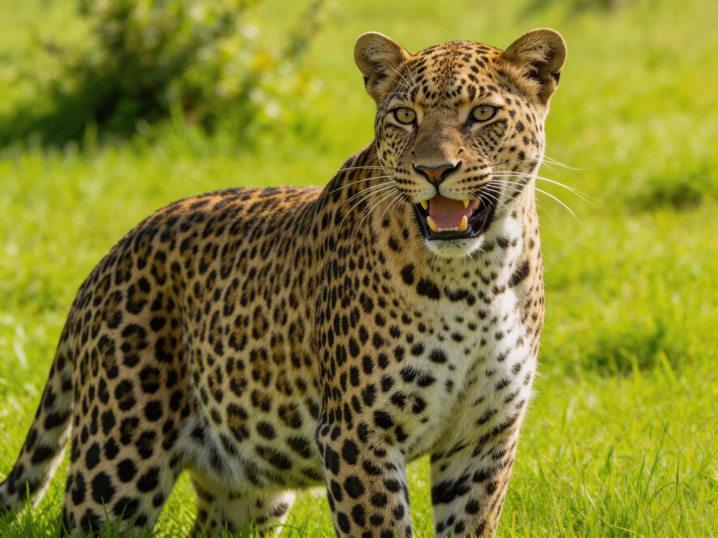 A leopard with spotted fur stands in a sunlit grassy field.