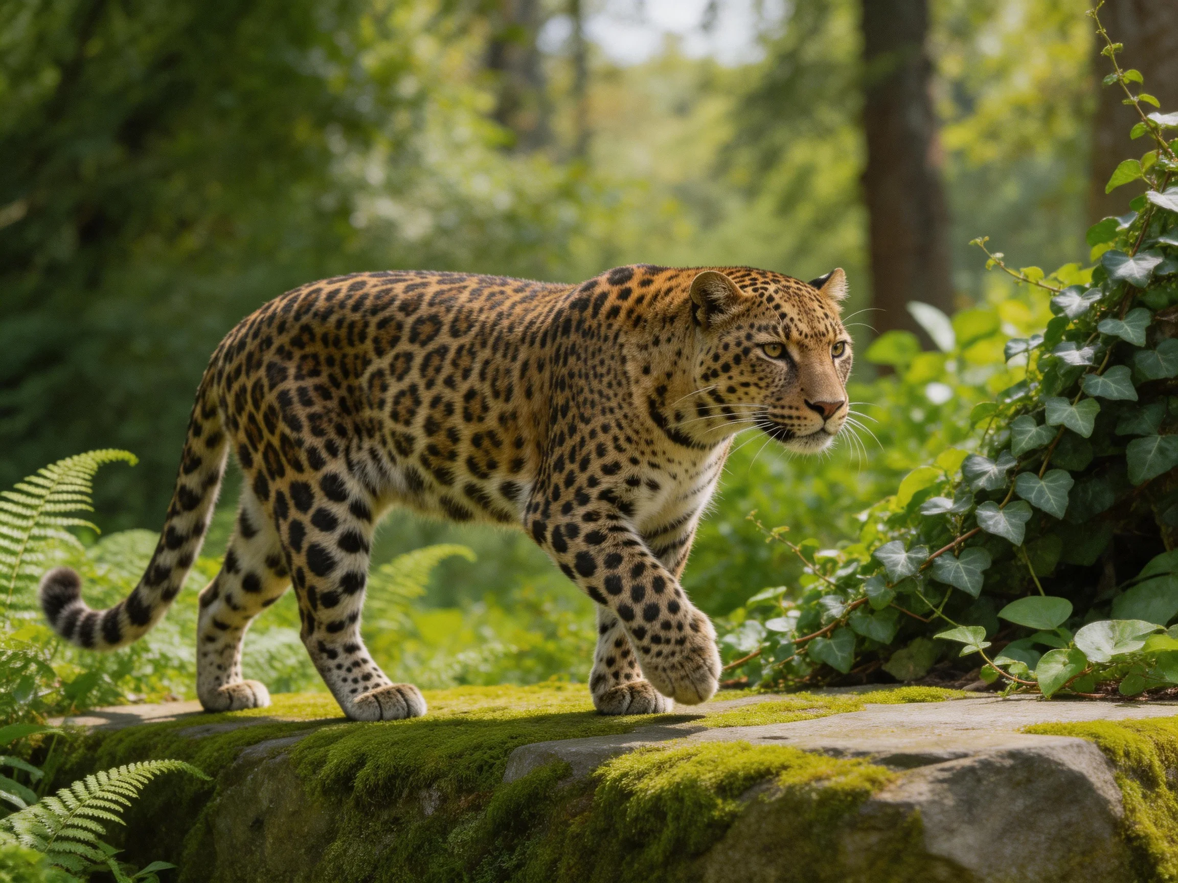 A leopard with spotted fur moves across a mossy stone ledge in a verdant forest.