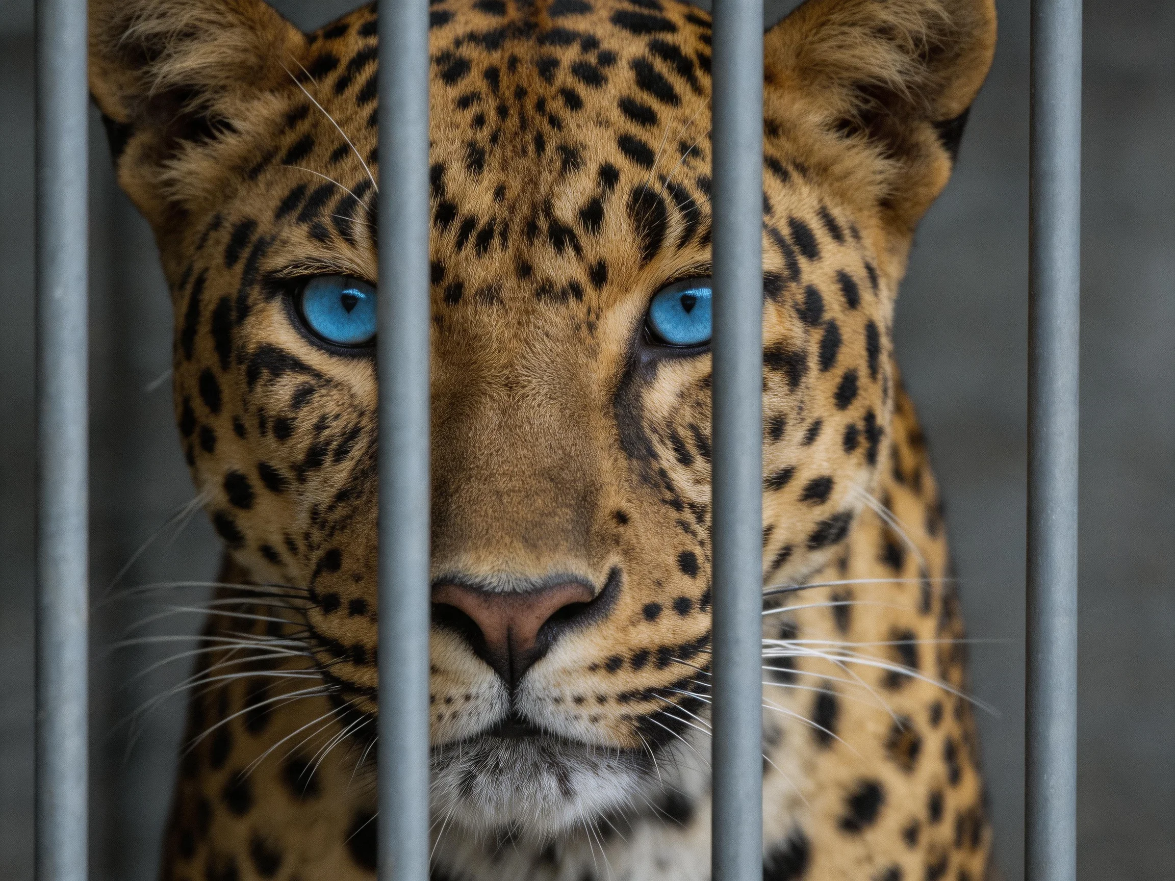 A leopard with bright blue eyes is confined by metal bars