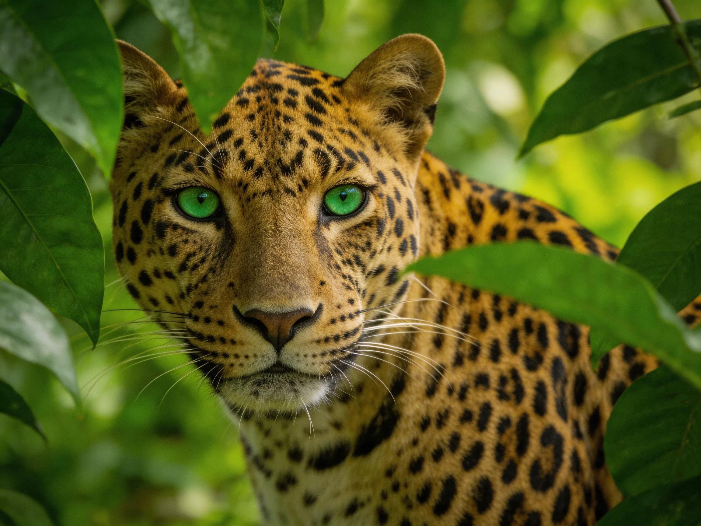 A leopard with vivid green eyes is partially hidden by lush green leaves.