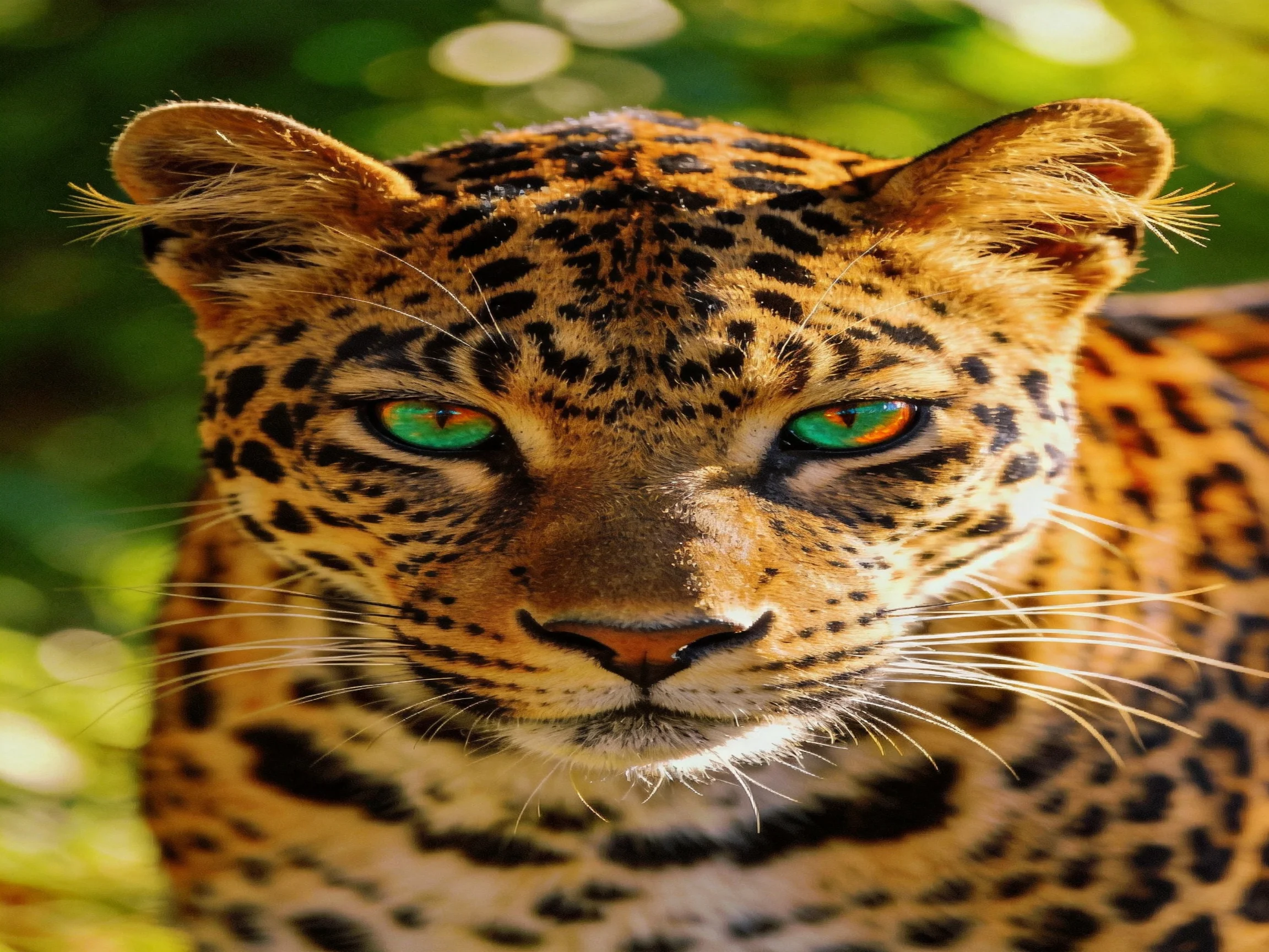 A close - up photograph of a leopard with striking green eyes in a natural environment.