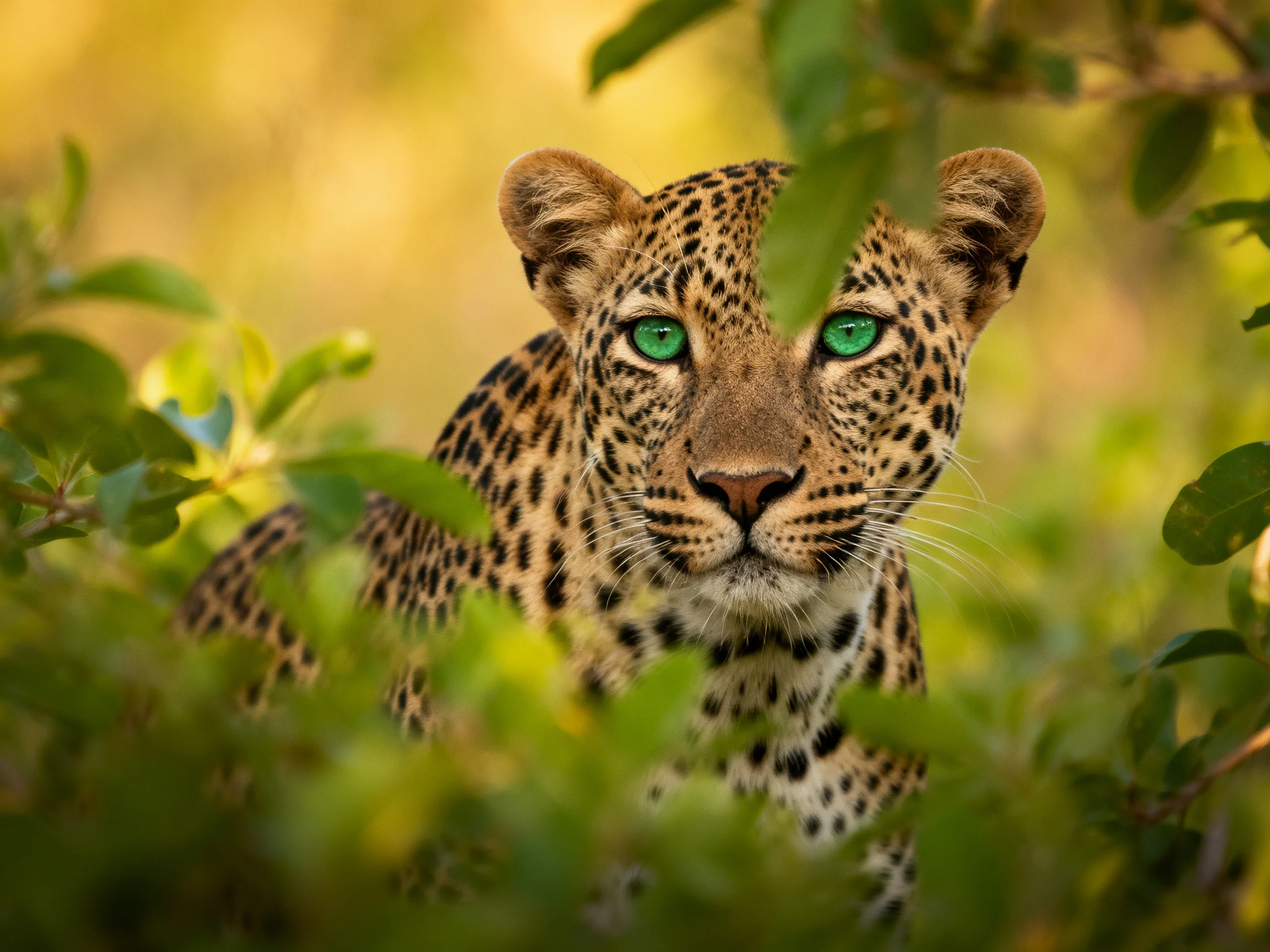 A leopard with green eyes is partially hidden by surrounding vegetation.