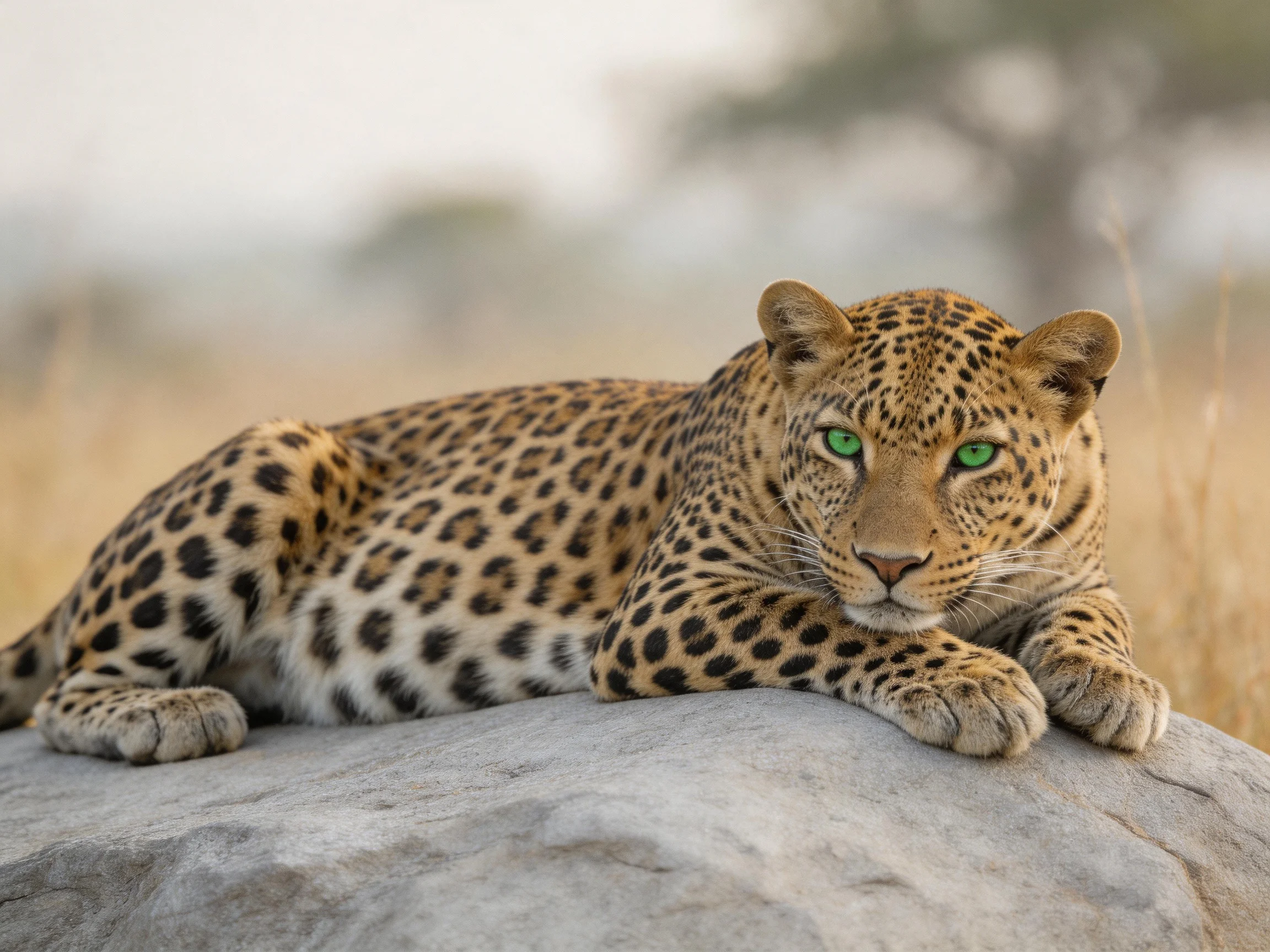 A leopard with bright green eyes relaxes on a rock in the savannah.