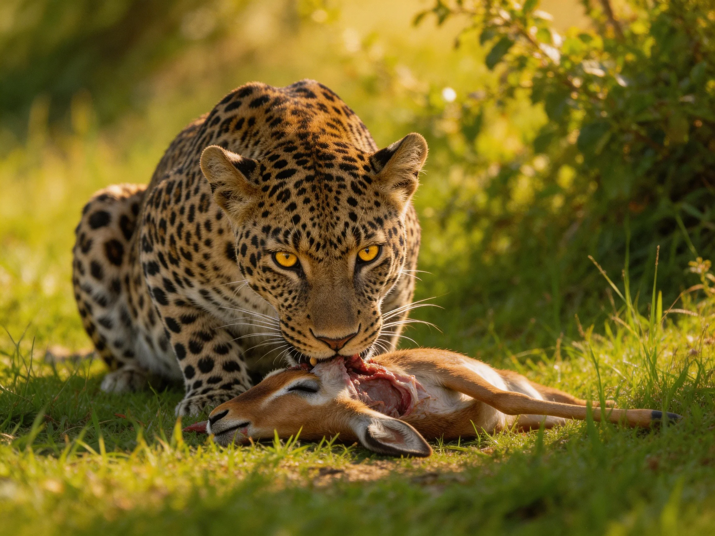 A leopard feeds on prey in a sunlit grassy field.