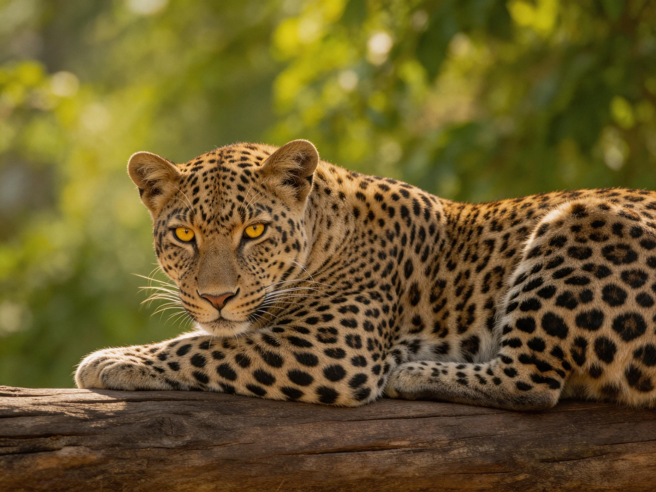 A leopard with yellow eyes rests on a log in a green environment.