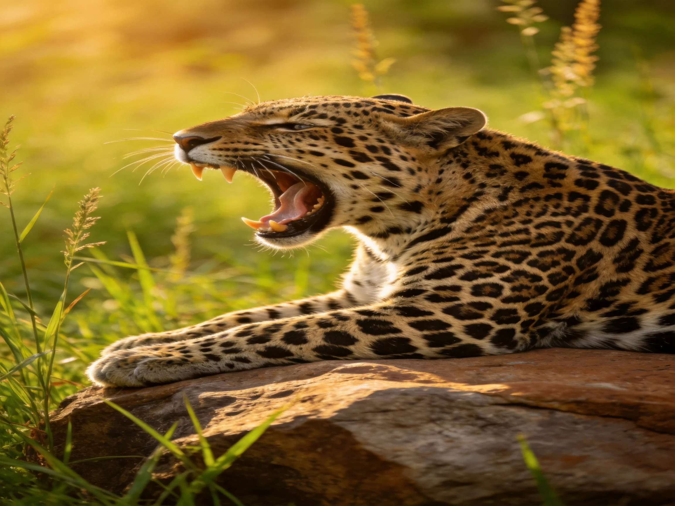 A leopard yawns while resting on a rock surrounded by tall grasses