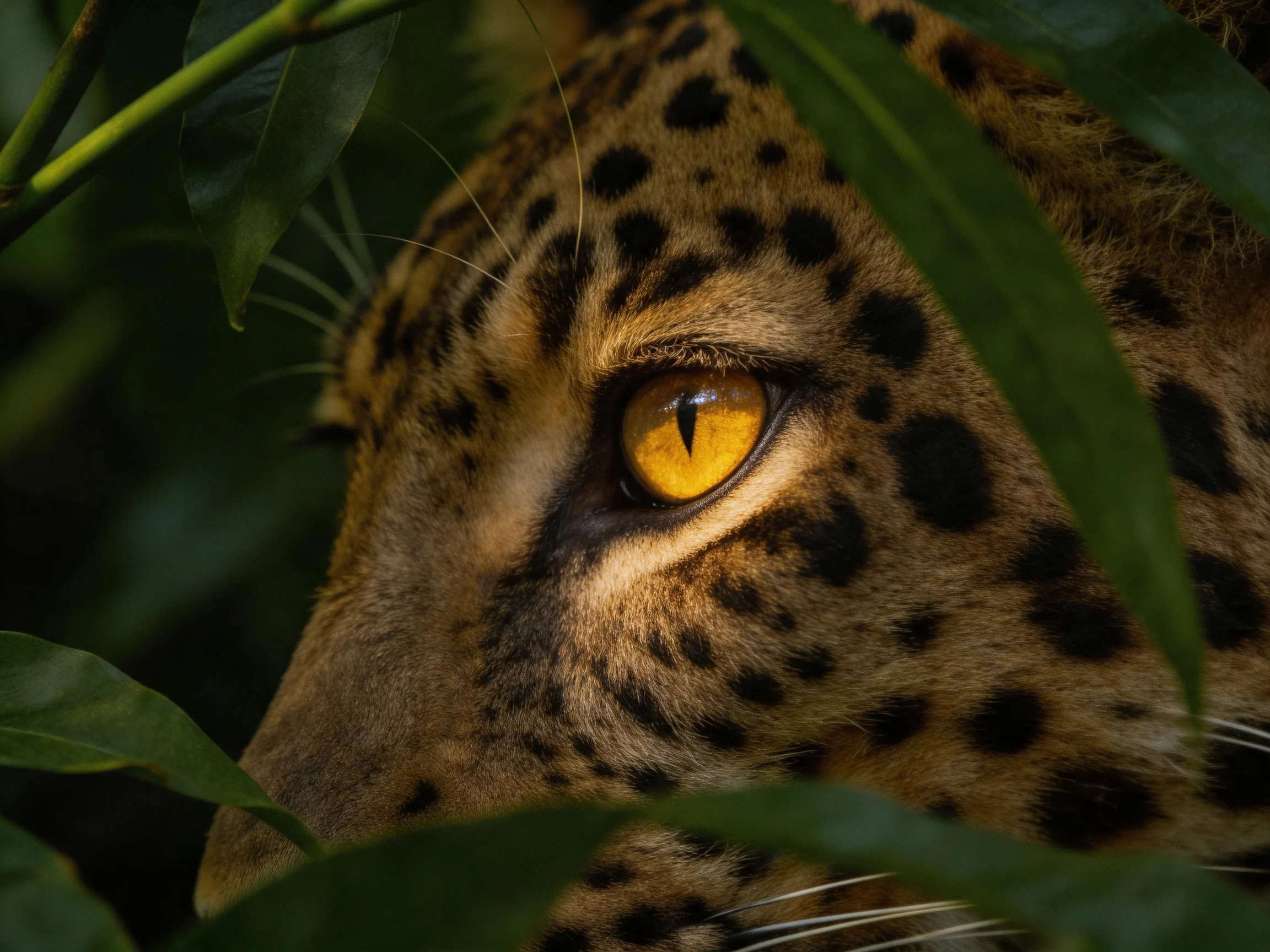 A leopards golden eye peeks through lush green foliage