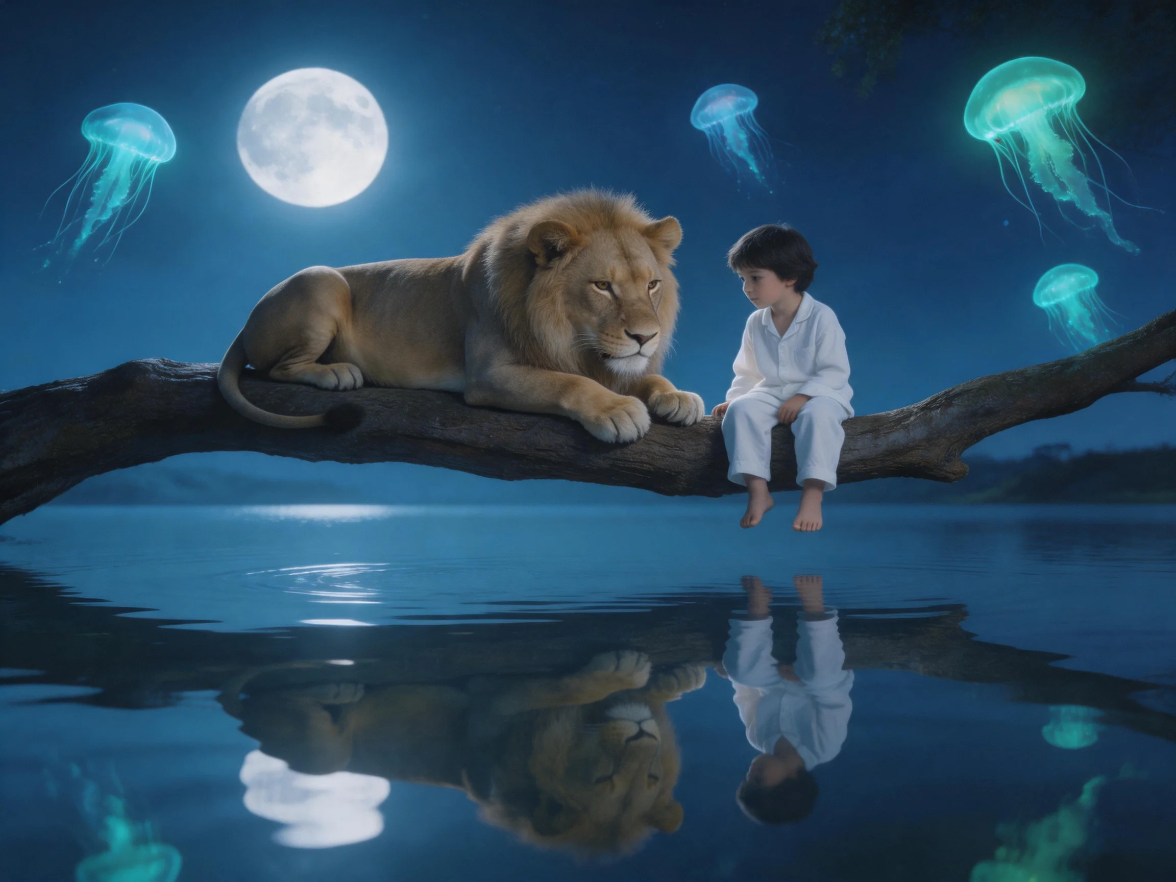 A lion and child sit on a branch with glowing jellyfish beneath a full moon