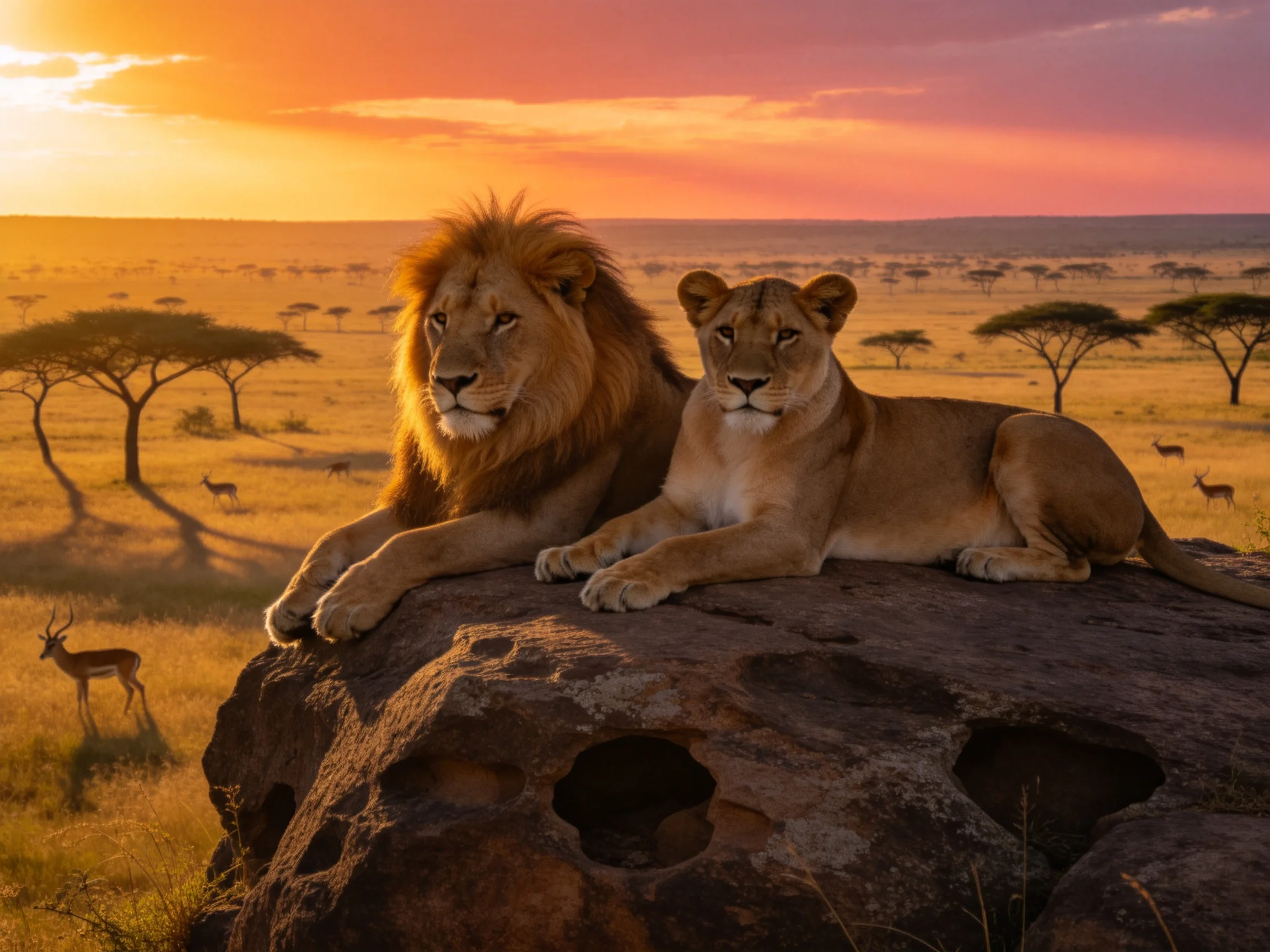 Two lions relax on a rock in a sunlit savannah at sunset.