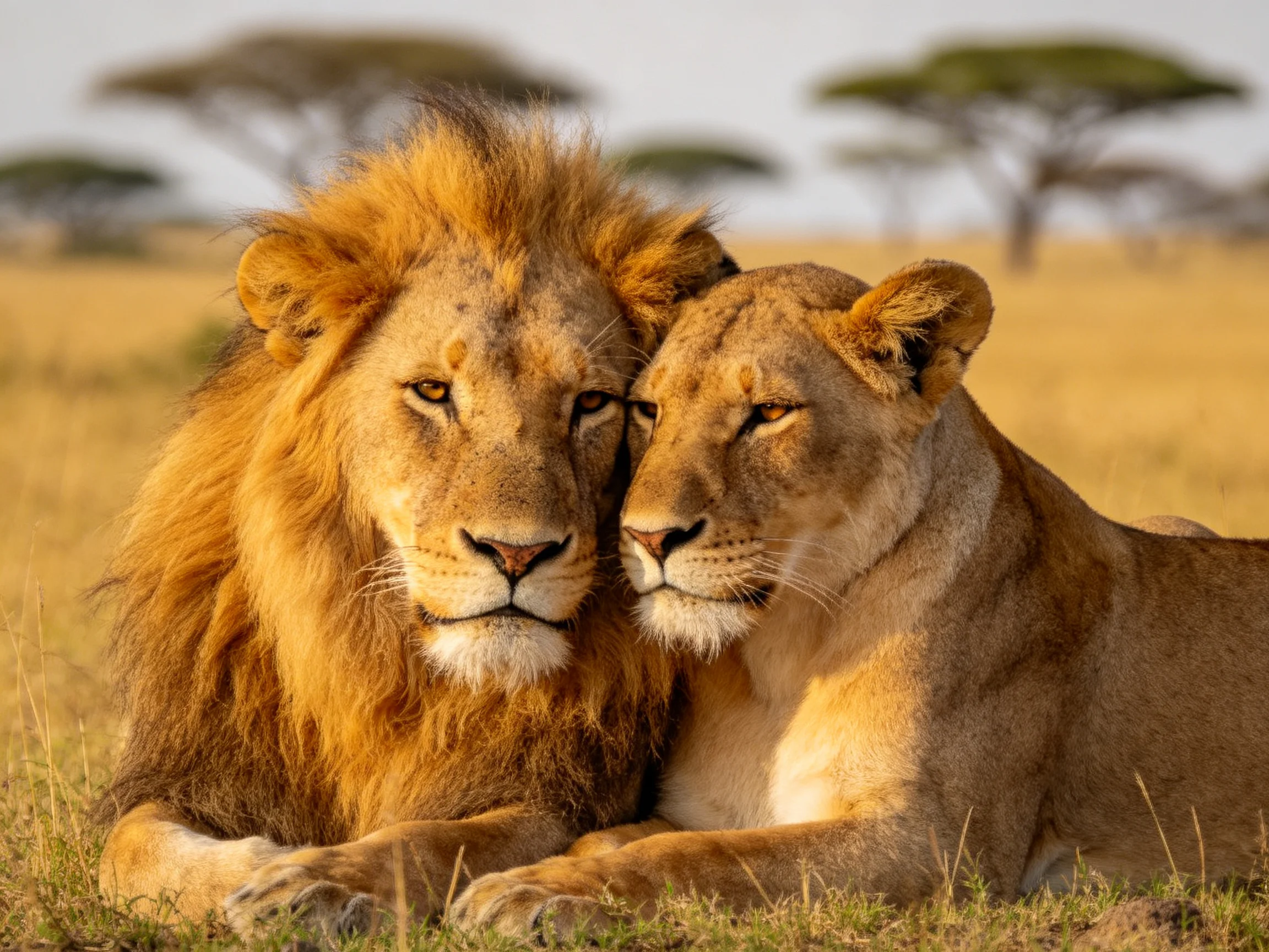 A lion and lioness rest closely together in a sunlit savannah