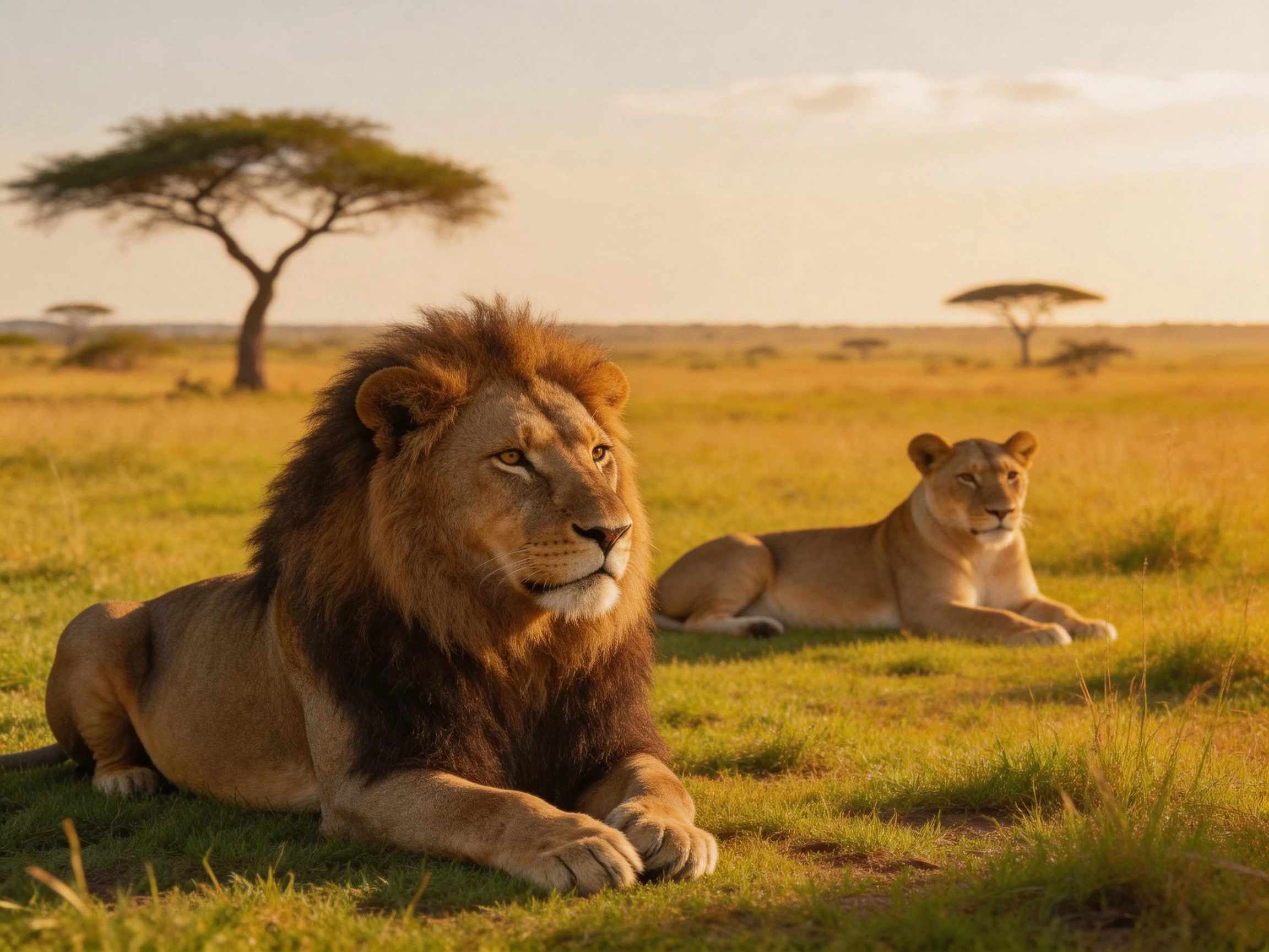 A lion and lioness rest in a sunlit savannah.