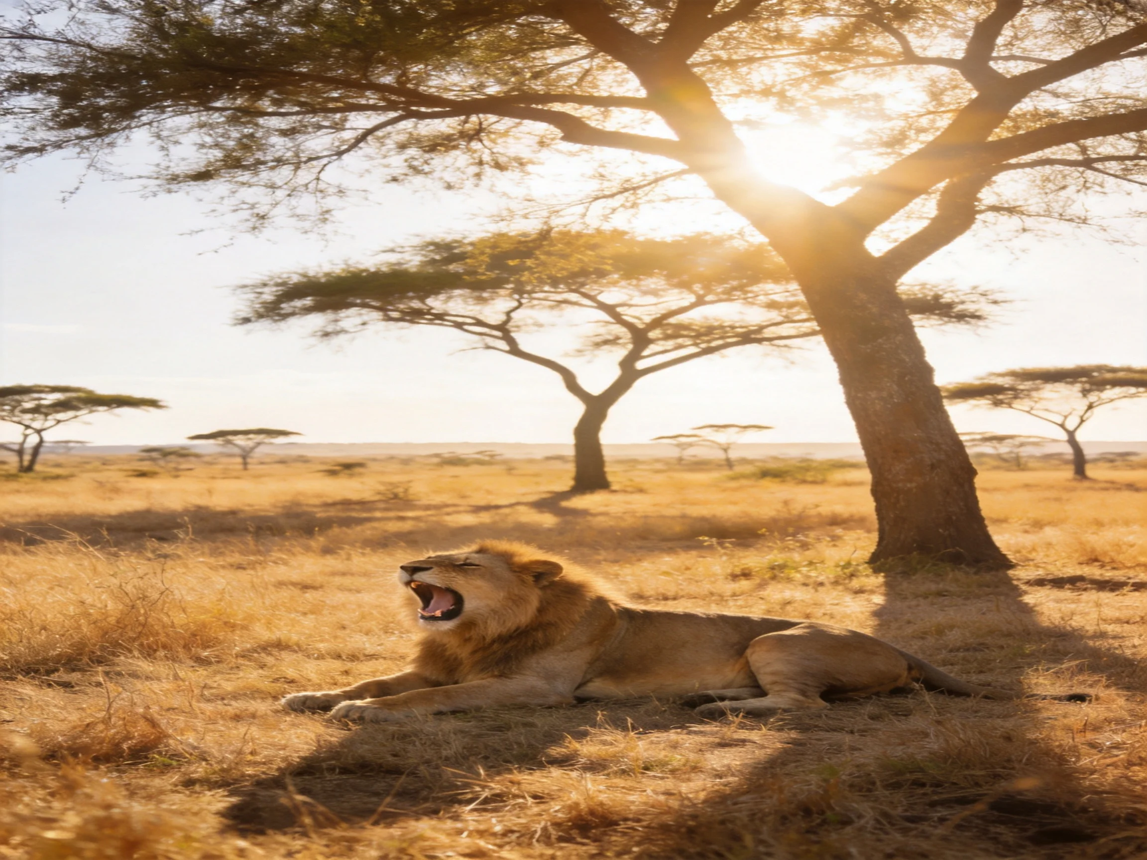 A lion relaxes on savannah grass near acacia trees under sunlight.