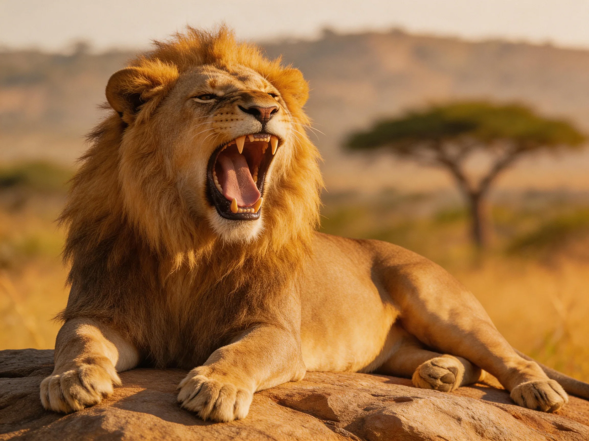 A lion roars while resting on a rock in the savannah