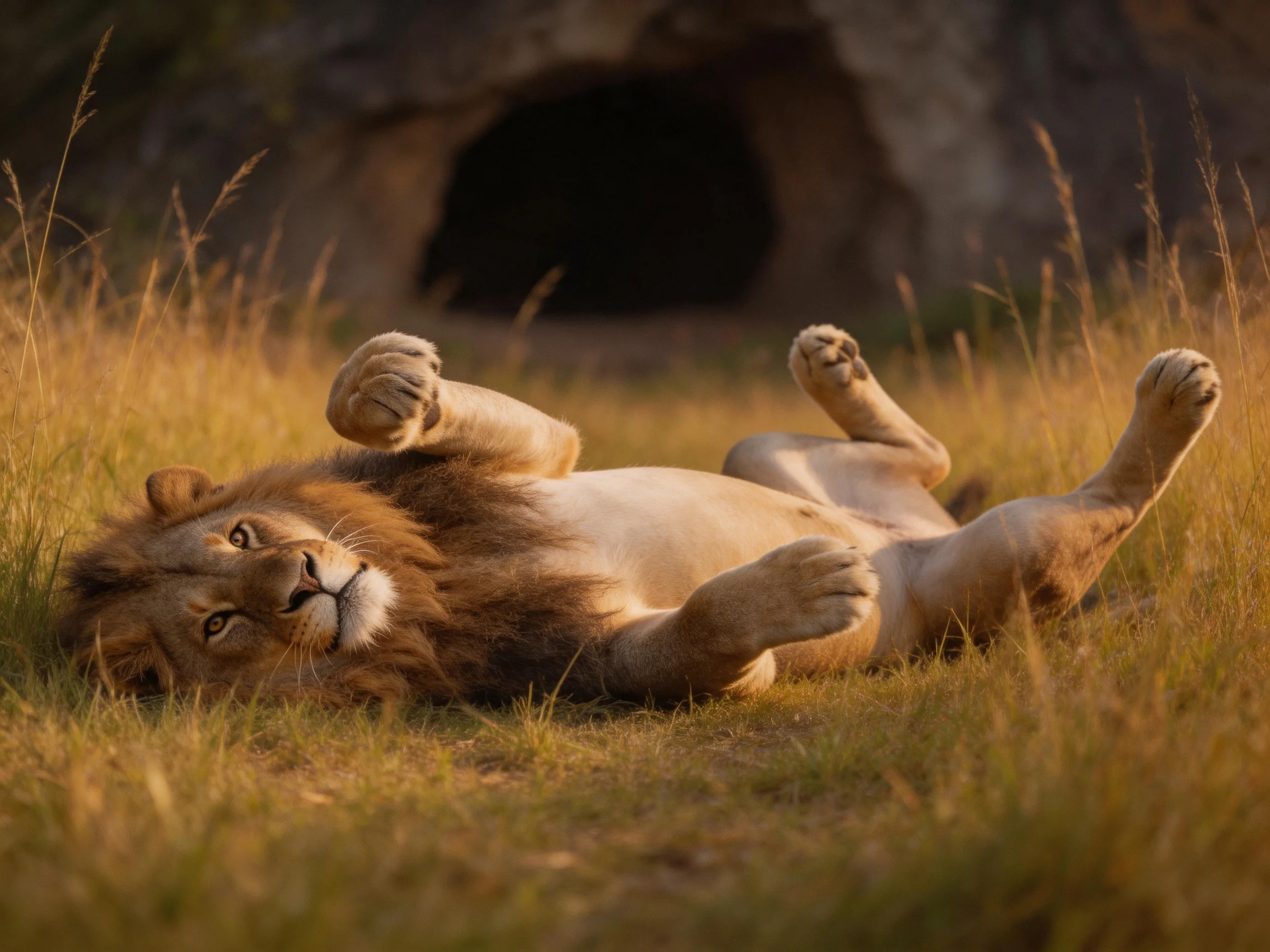A lion with a brown mane rolls on golden grass near a rocky cave