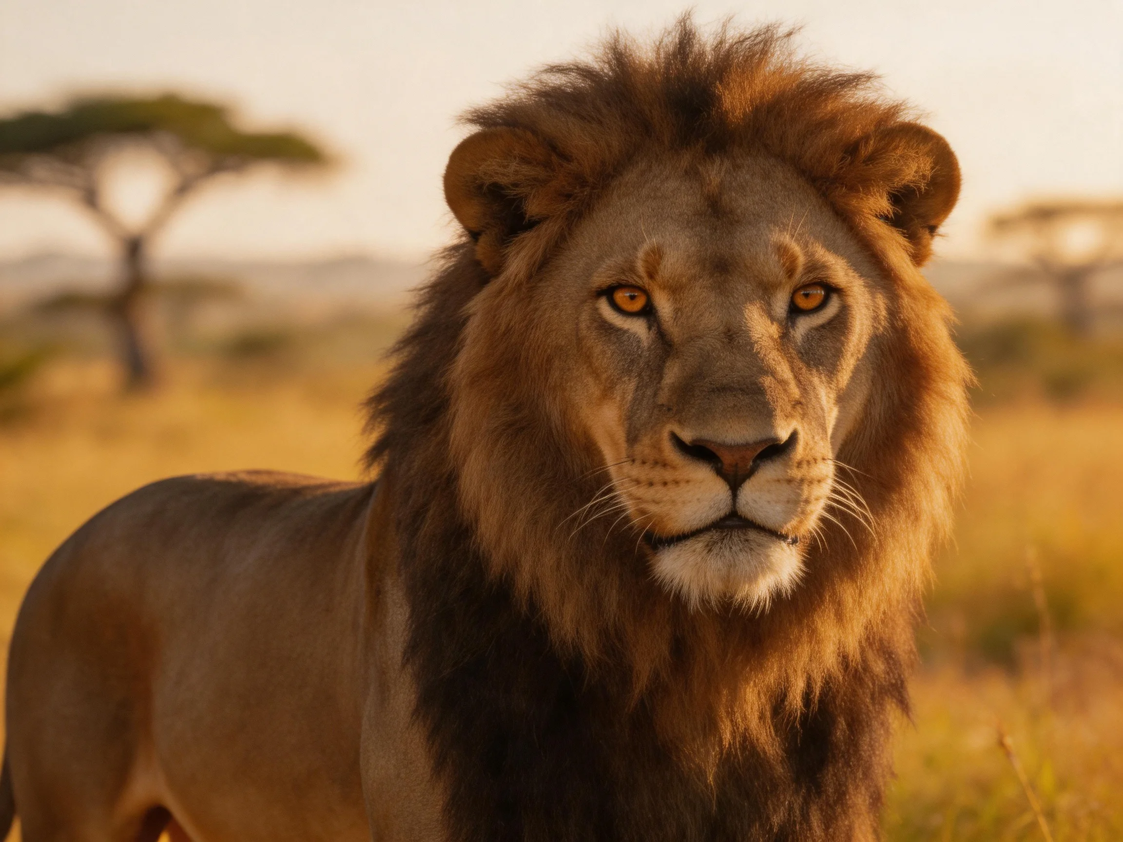 A lion with a thick brown mane stands in a sunlit savannah landscape.