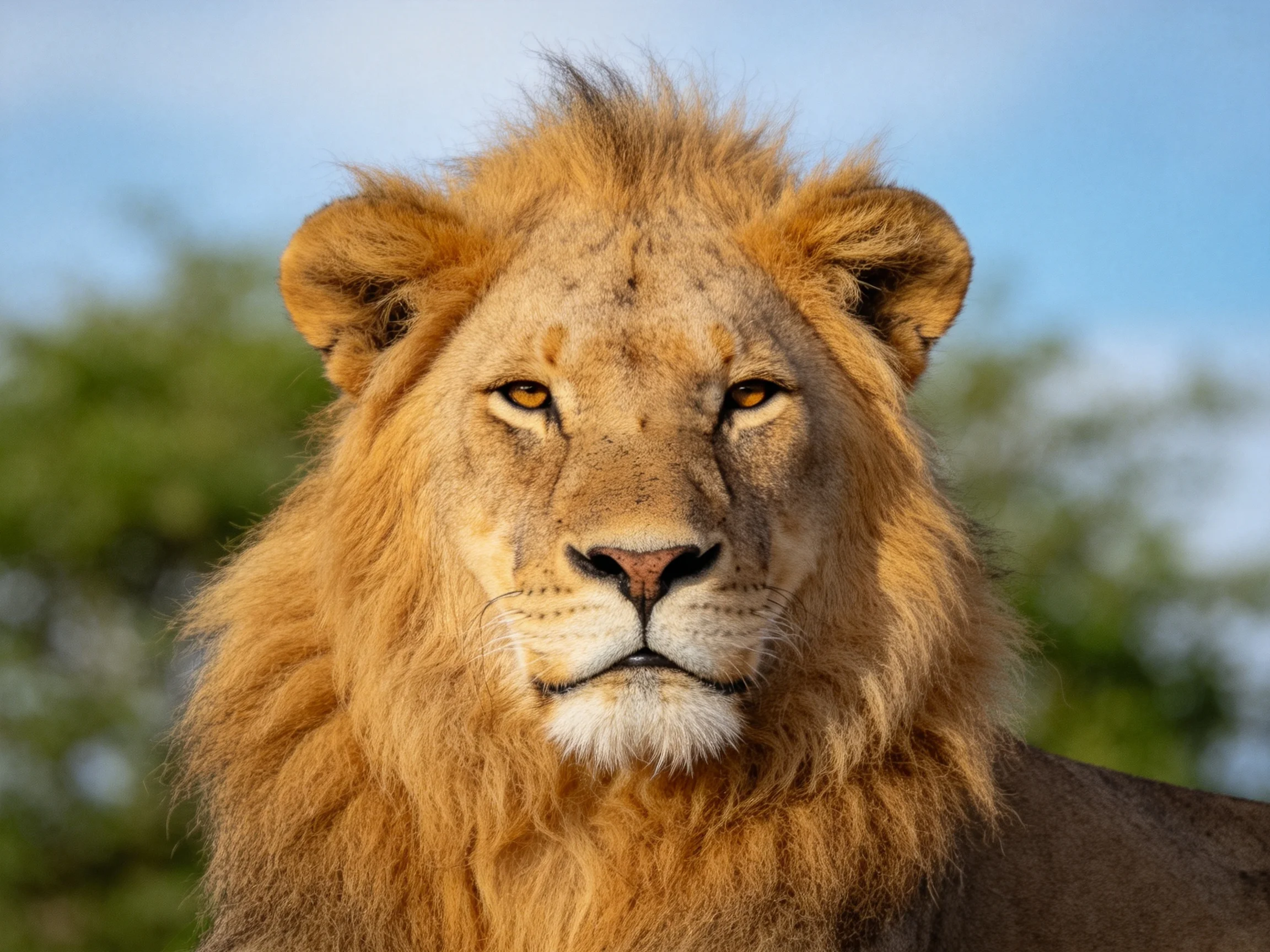 A lion with a thick golden mane gazes intently amid blurred greenery.
