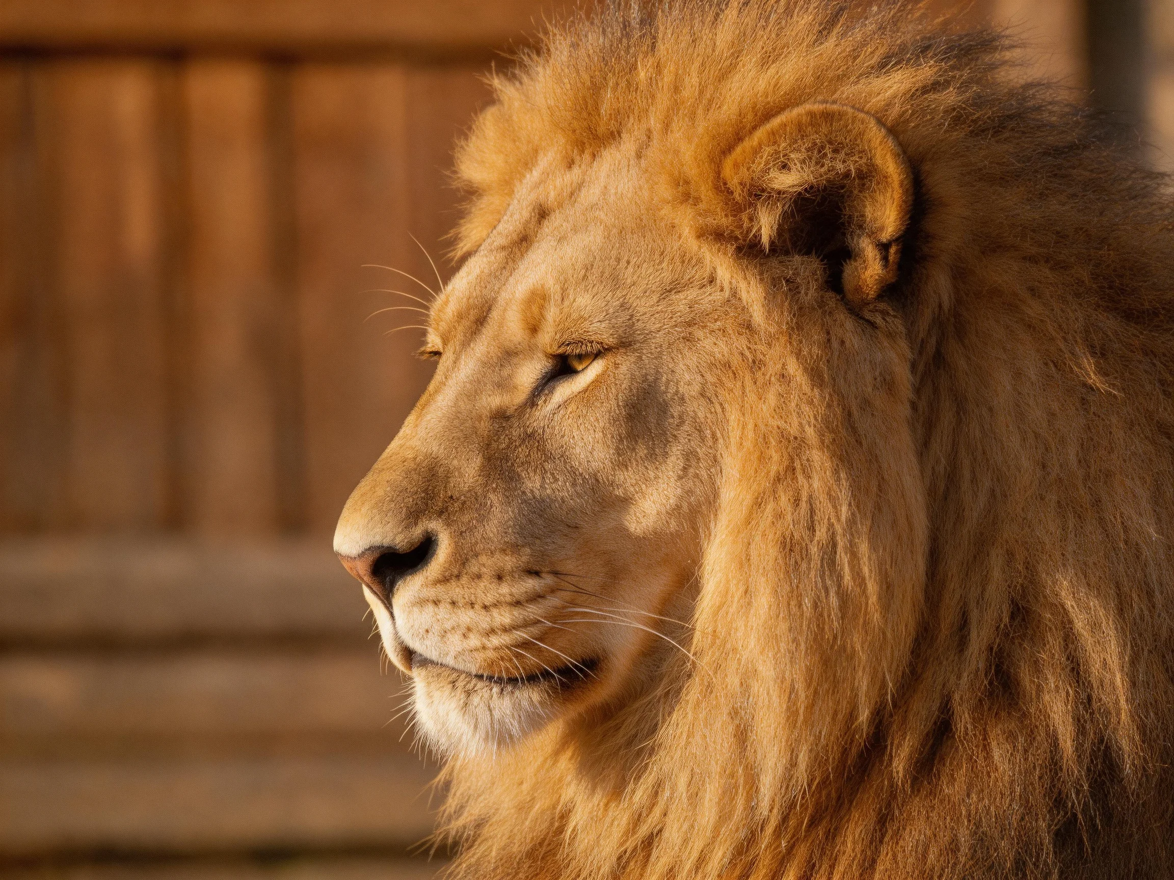 A lion with a thick golden mane is near wooden structures.