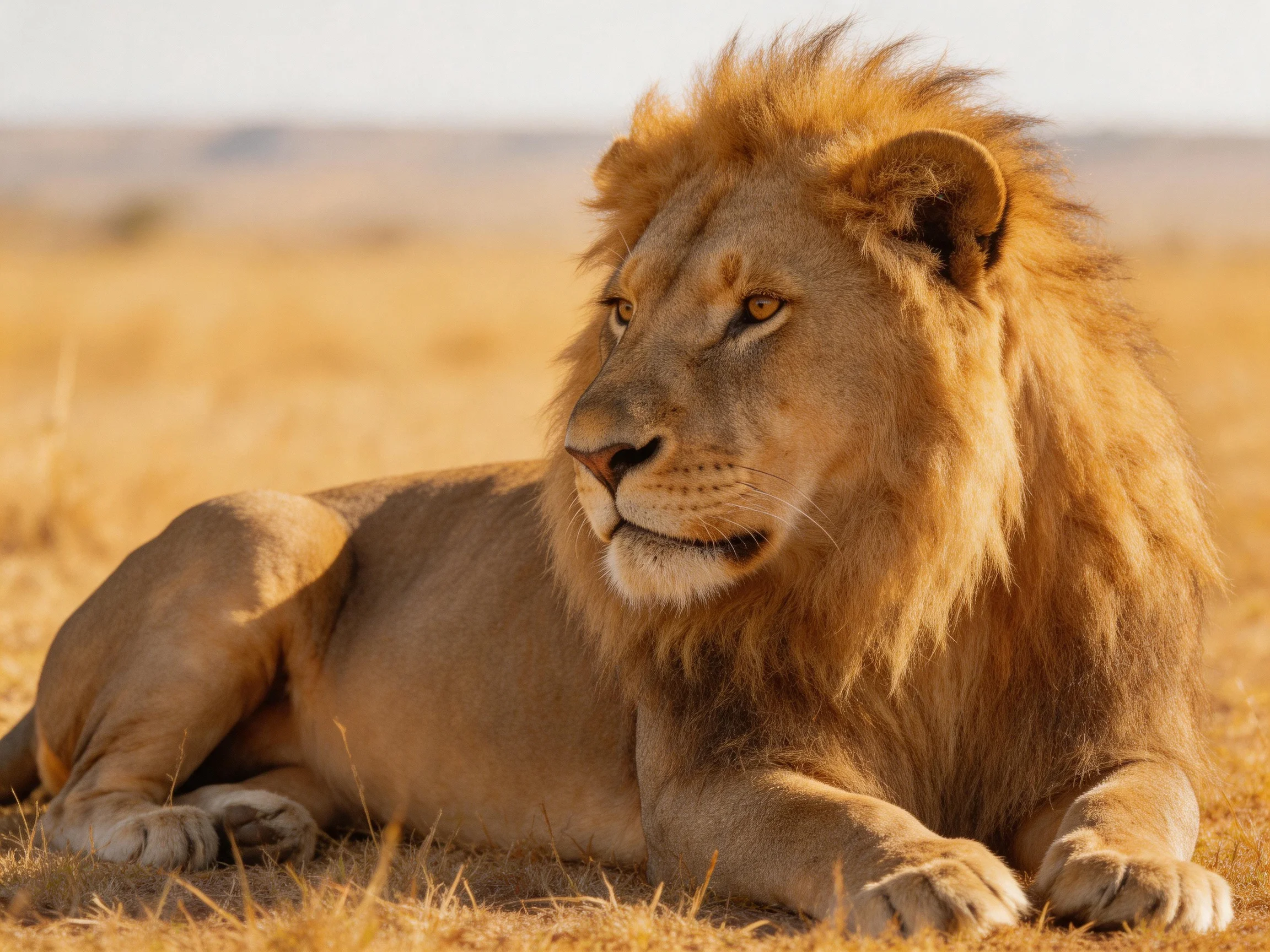 A lion with a thick golden mane rests peacefully in the sunlit savannah.